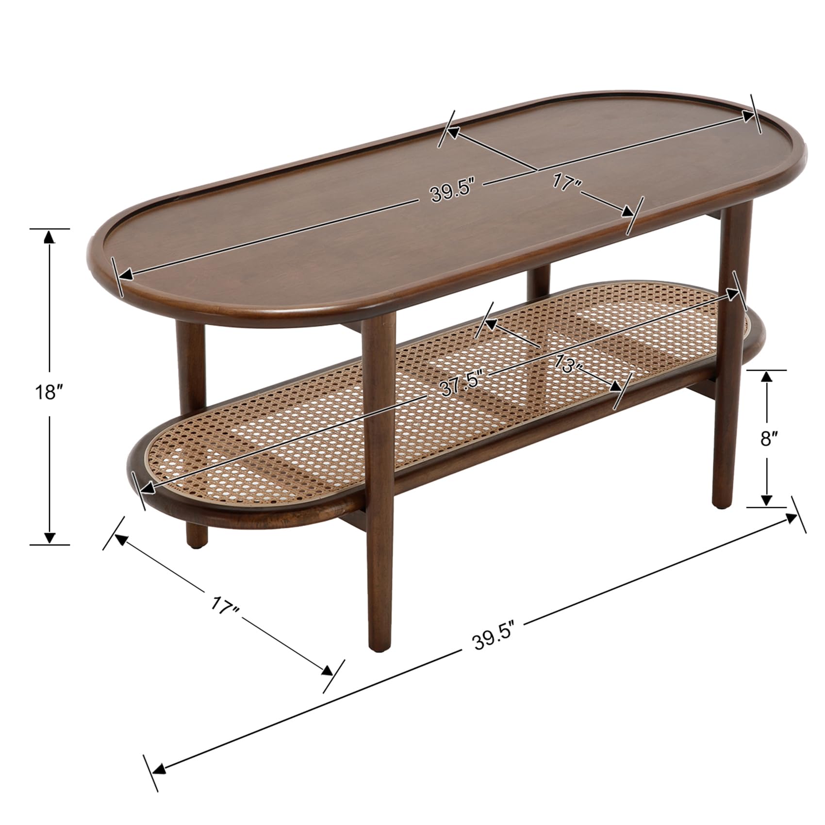 Product diagram with dimensions of oval coffee table