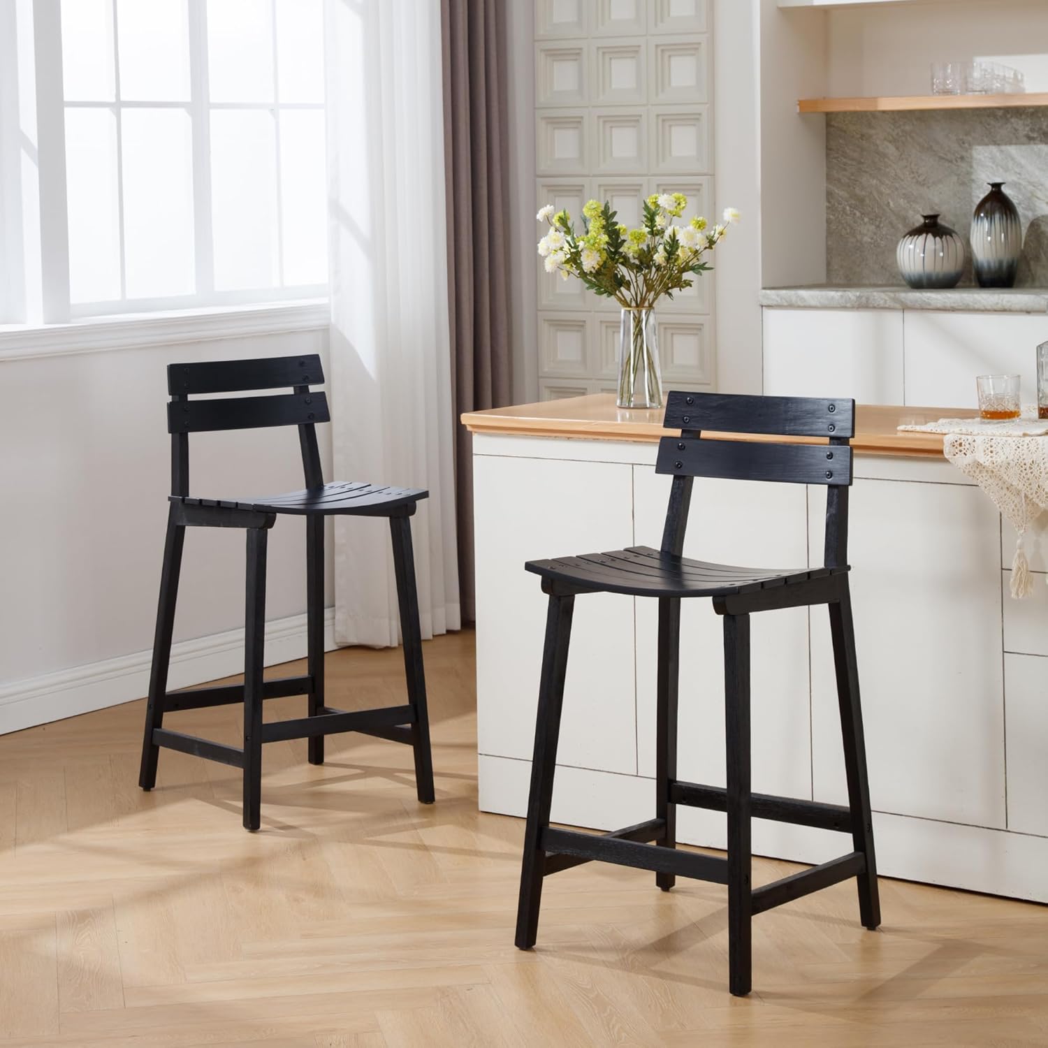 Kmax 26" H Black Wooden Counter Height Bar Stools Set of 2 - 7064CS