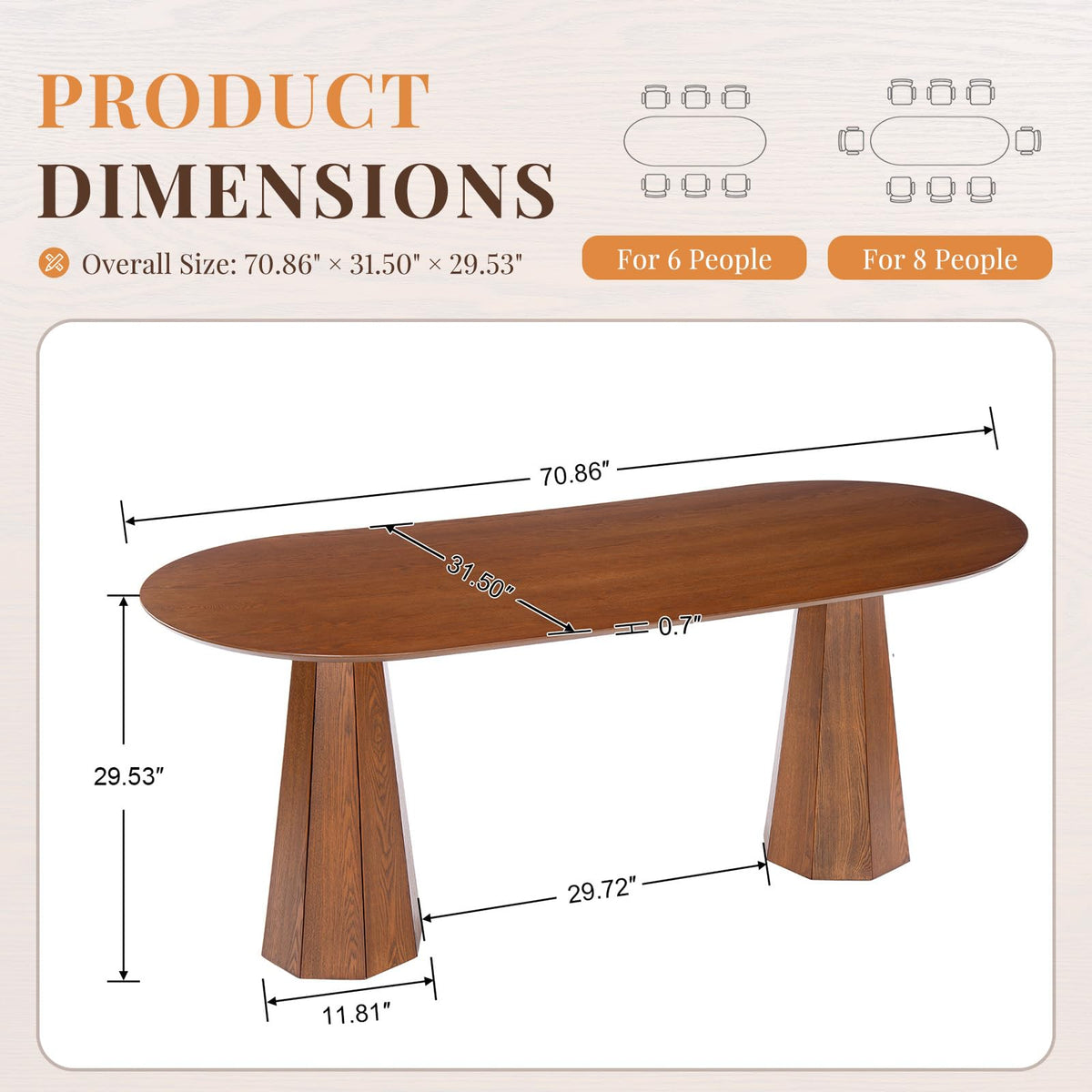 71" Oval Farmhouse Pedestal Dining Table for 6-8