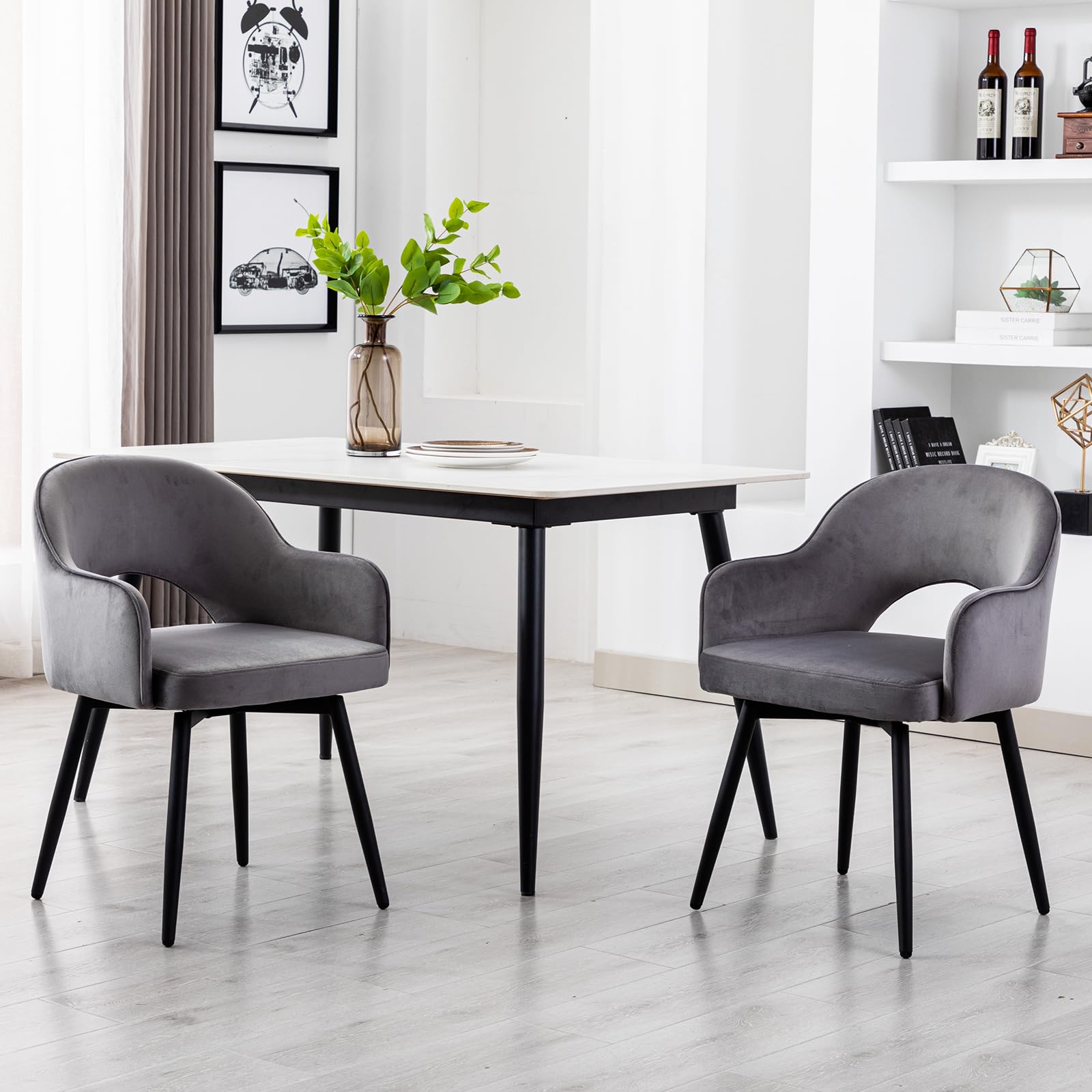 Three chairs around table