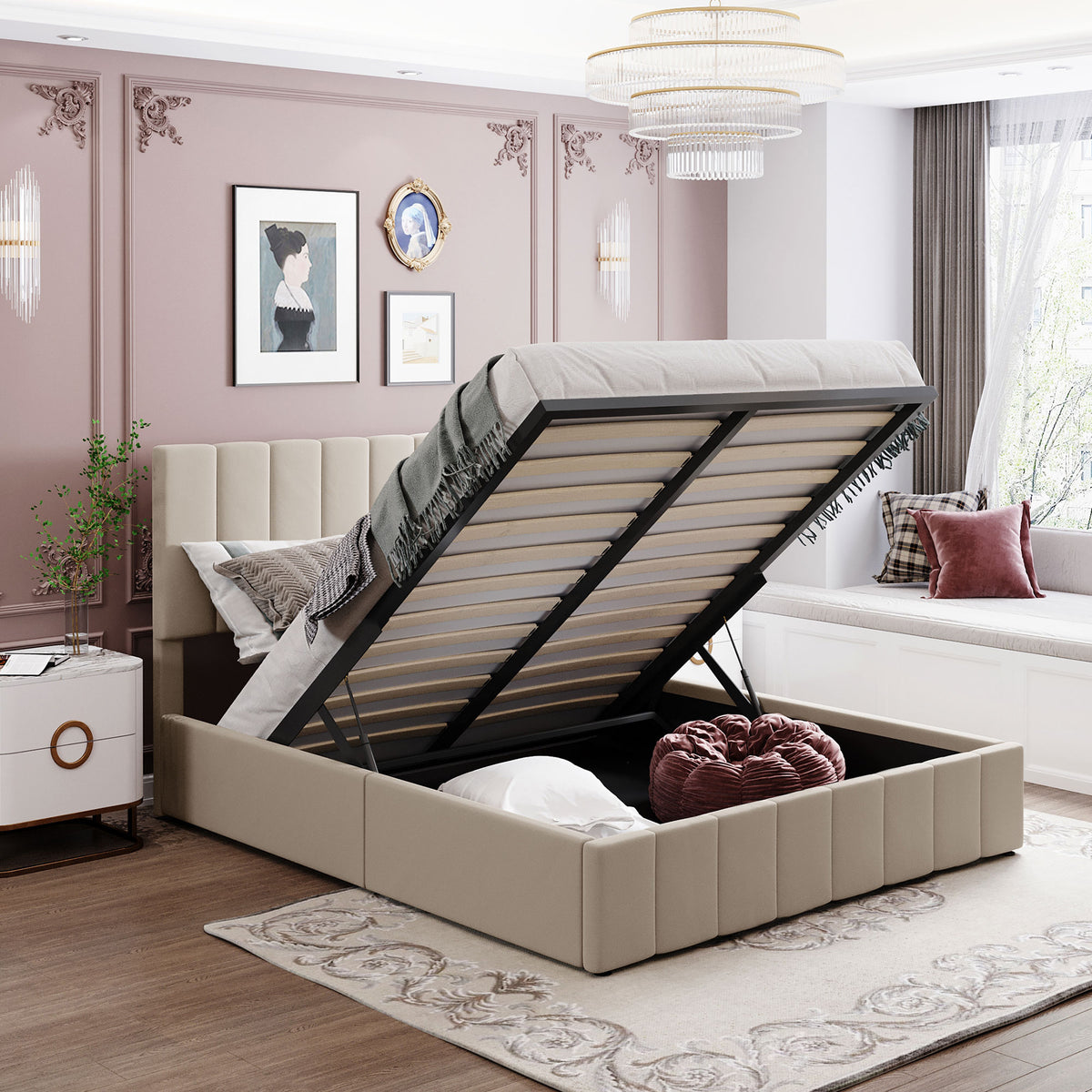 Linen Upholstered Platform Bed with Hydraulic Storage System