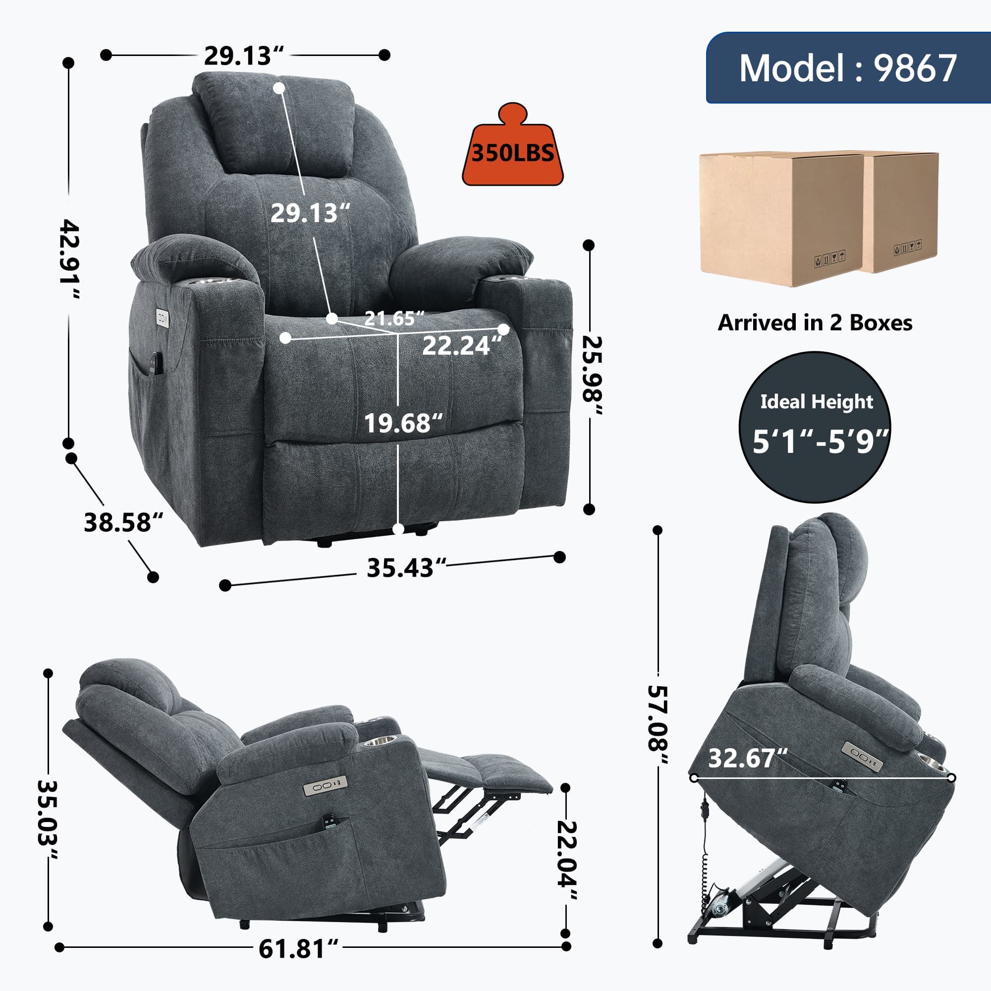 Power Lift Electric Massage Heat USB Recliner Chair