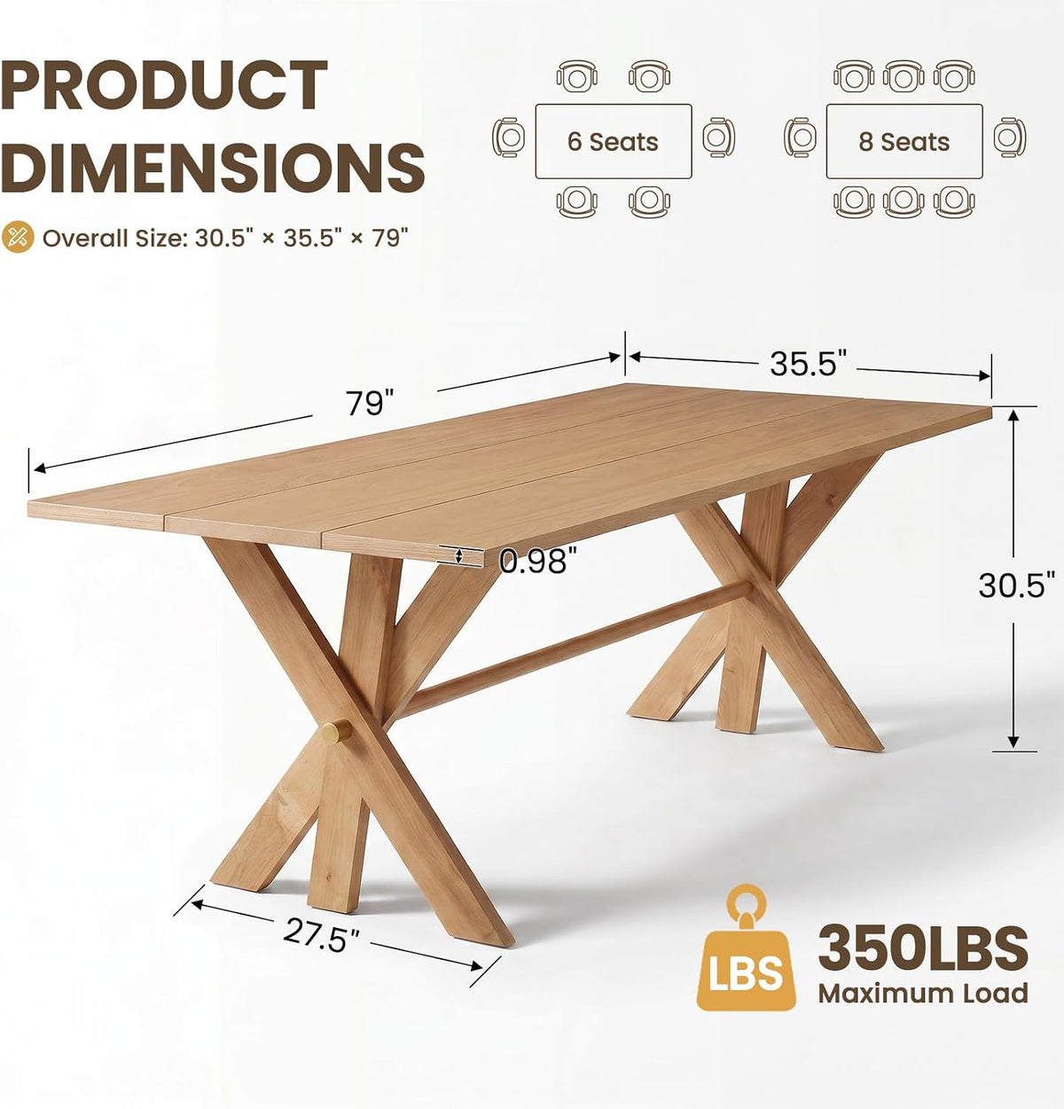 79" Farmhouse Rectangle Wood Dining Table with X-Frame Legs