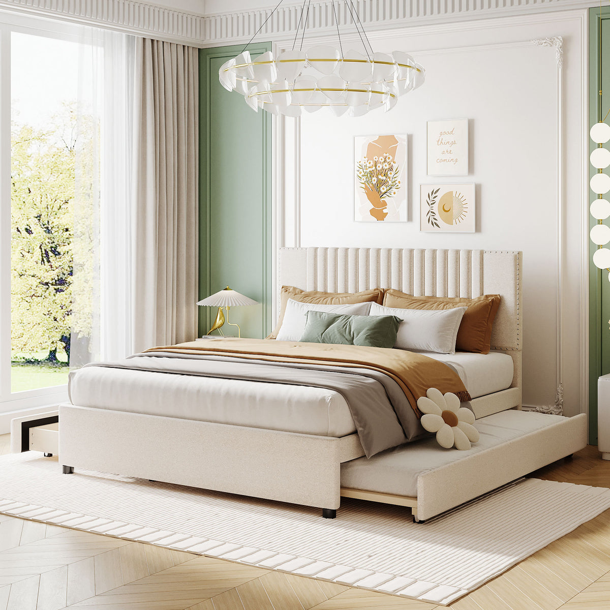 Queen Upholstered Platform Bed with 2 Drawers and Twin XL Trundle