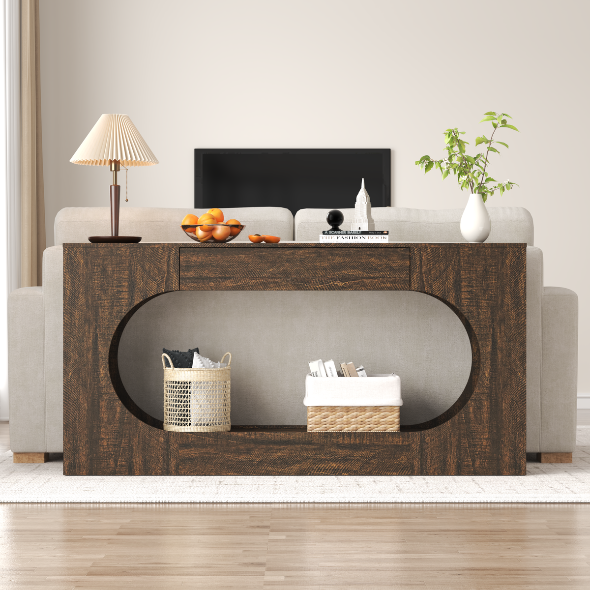 63"L Walnut Finish Oval Frame Drawer Console Table