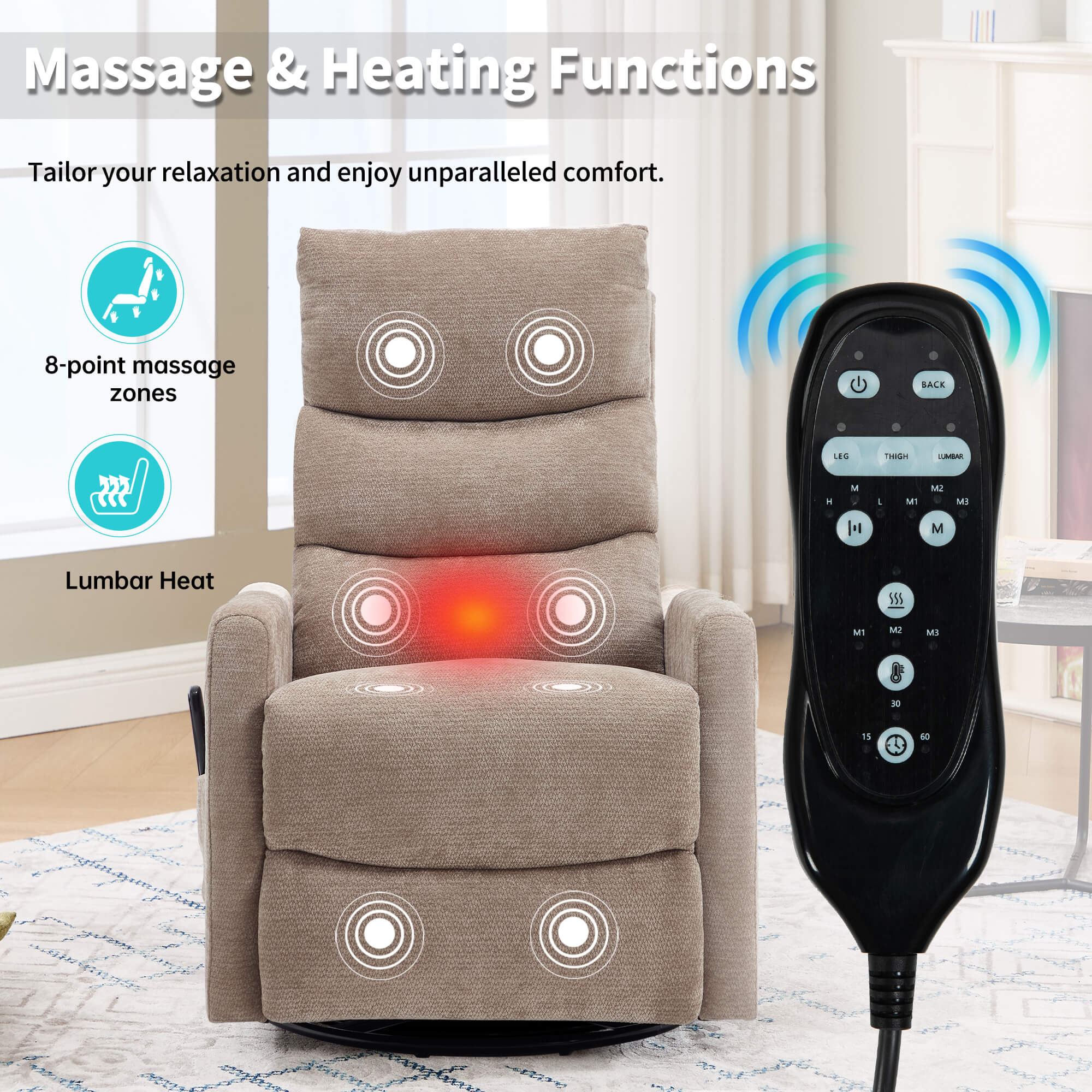 Modern Chenille Heat Massage Rocker Swivel Recliner Chair