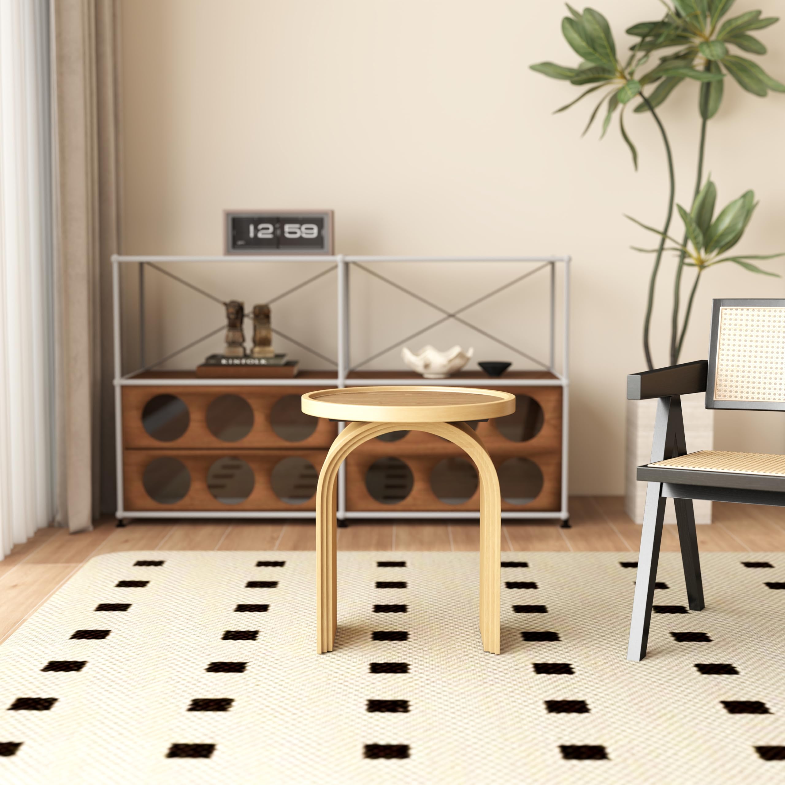 Round blue side table in living room