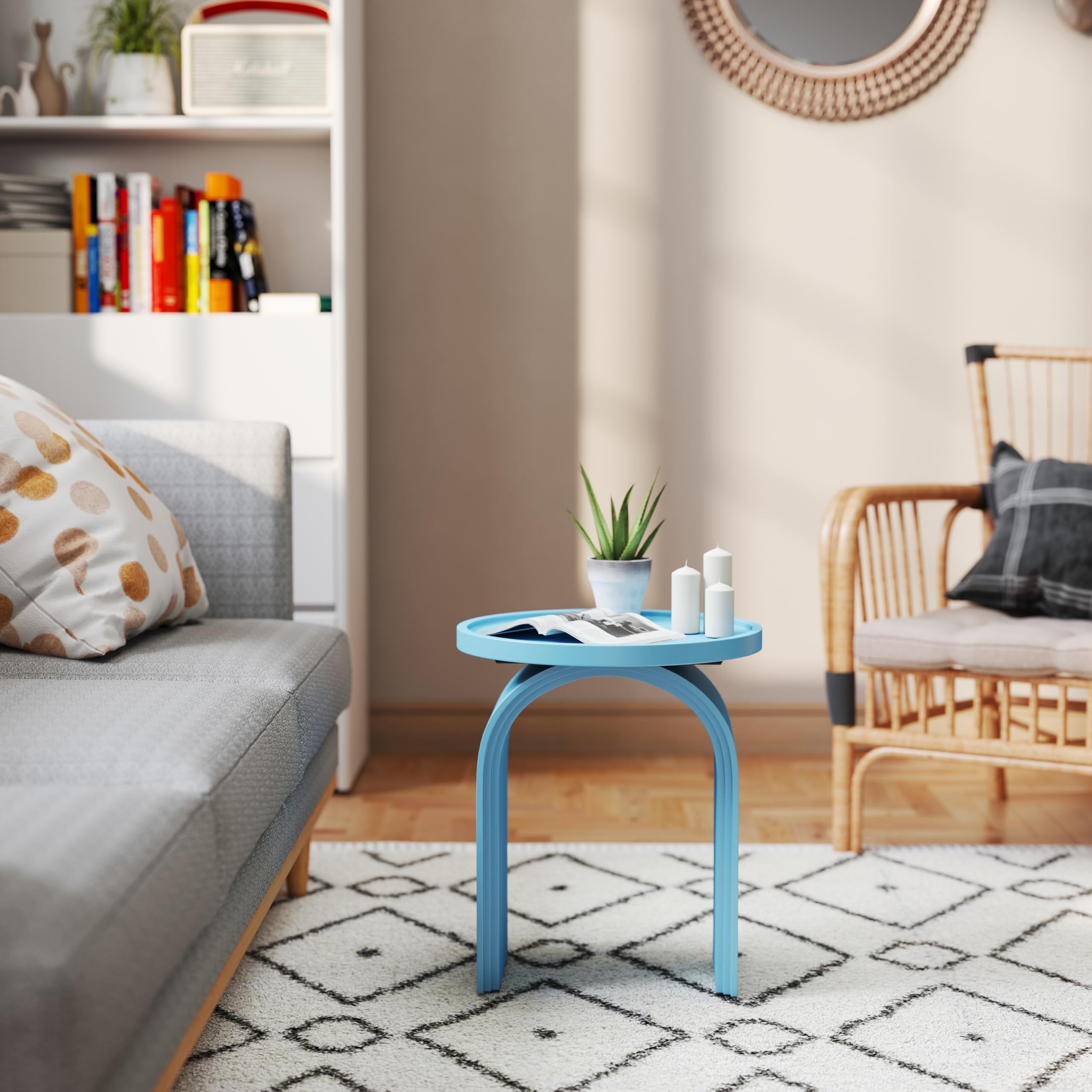 Small blue round side table in living room