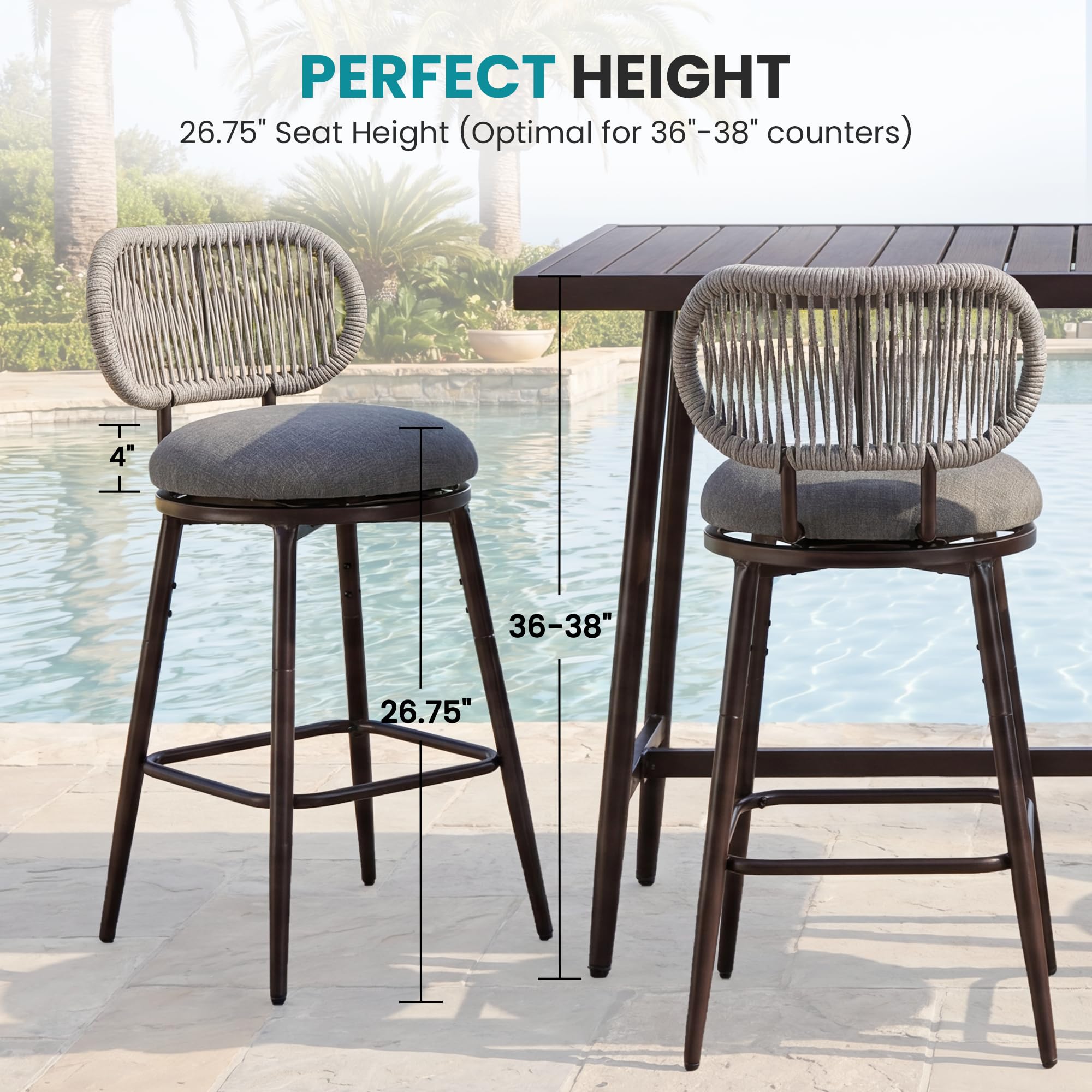 26.75" Swivel Outdoor Bar Stools with Hand-Woven Rope Back Set of 2