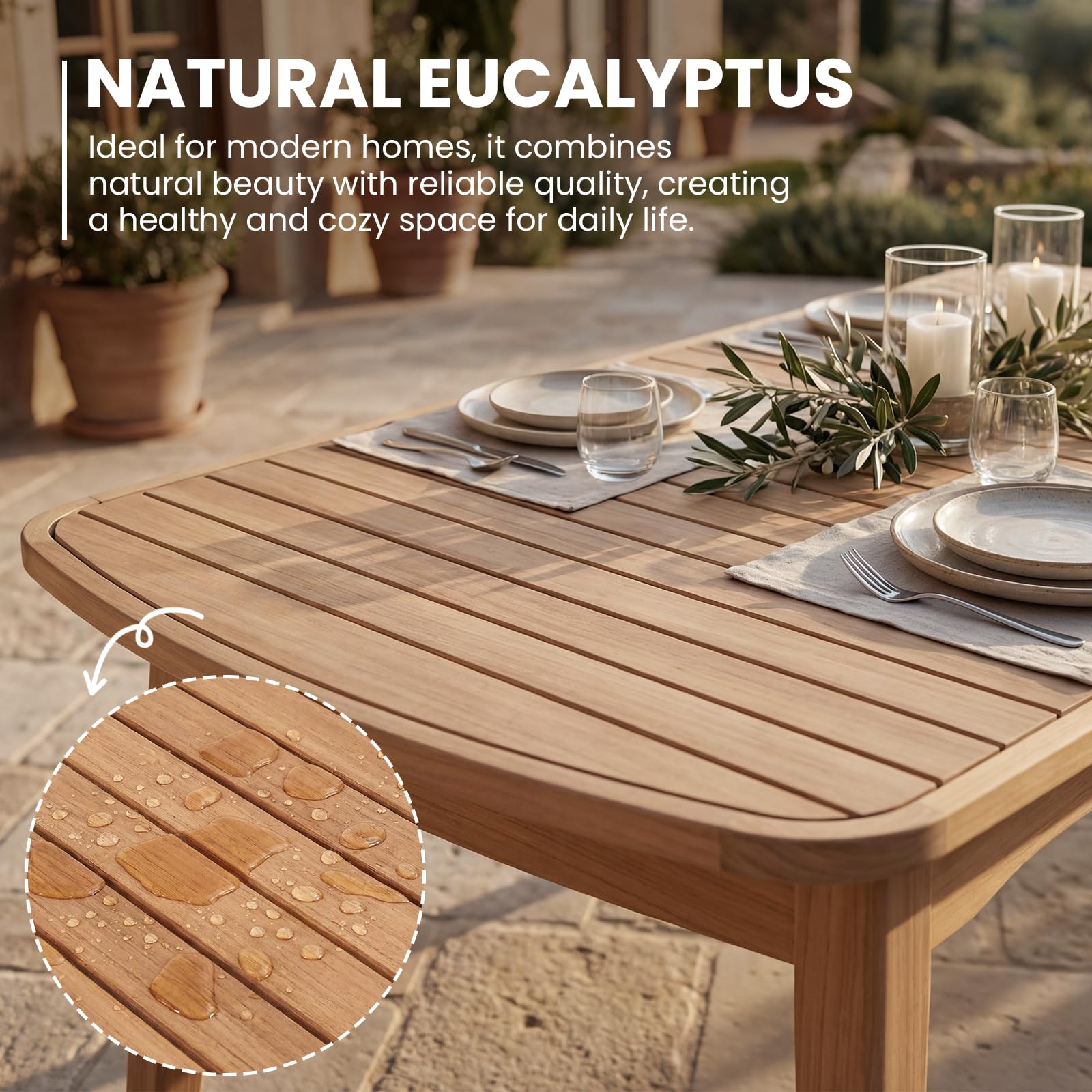 Extendable Solid Wood Farmhouse Outdoor Patio Dining Table for 6 to 8
