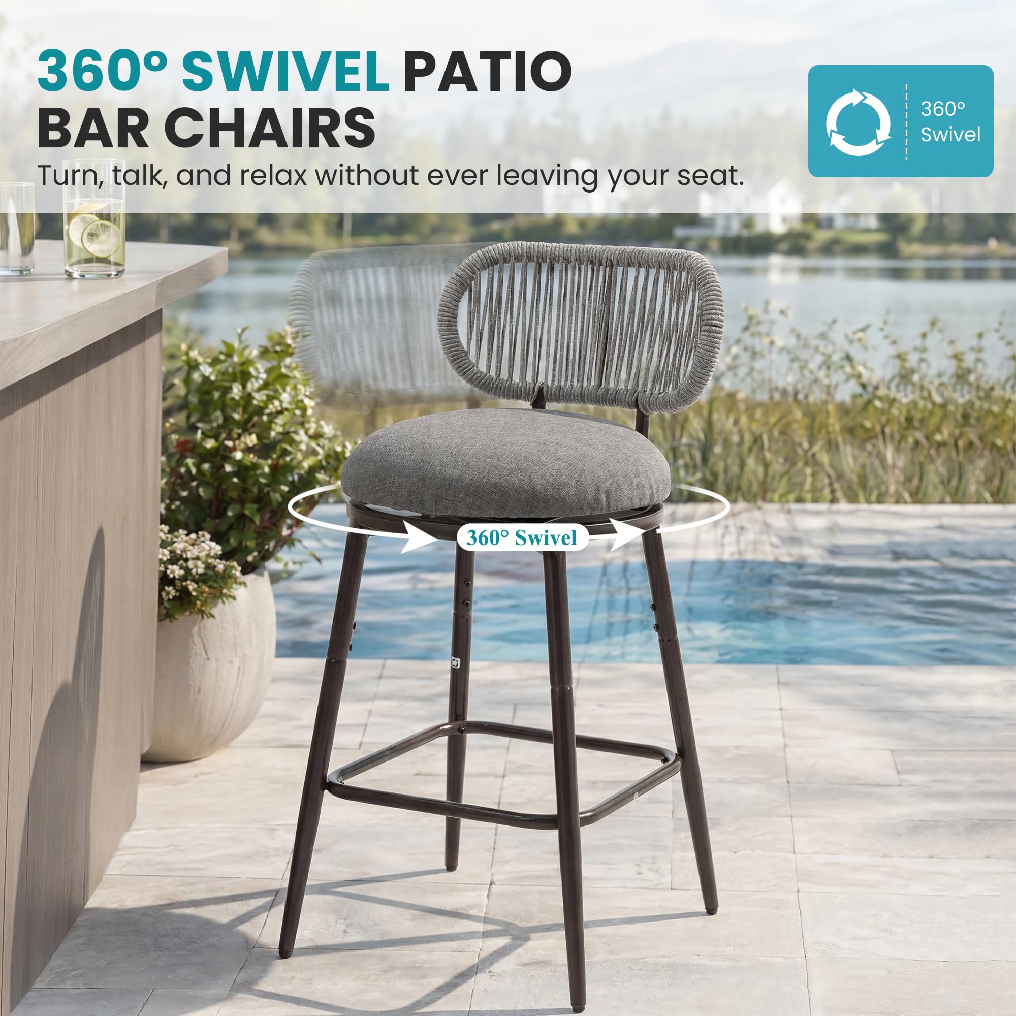 26.75" Swivel Outdoor Bar Stools with Hand-Woven Rope Back Set of 2