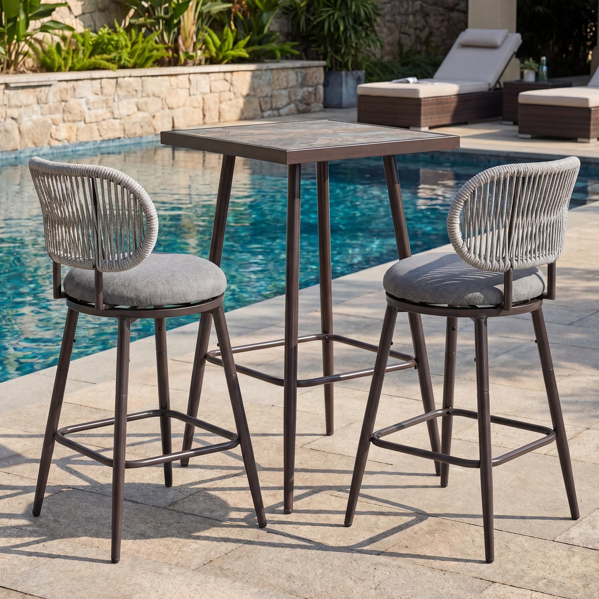 26.75" Swivel Outdoor Bar Stools with Hand-Woven Rope Back Set of 2