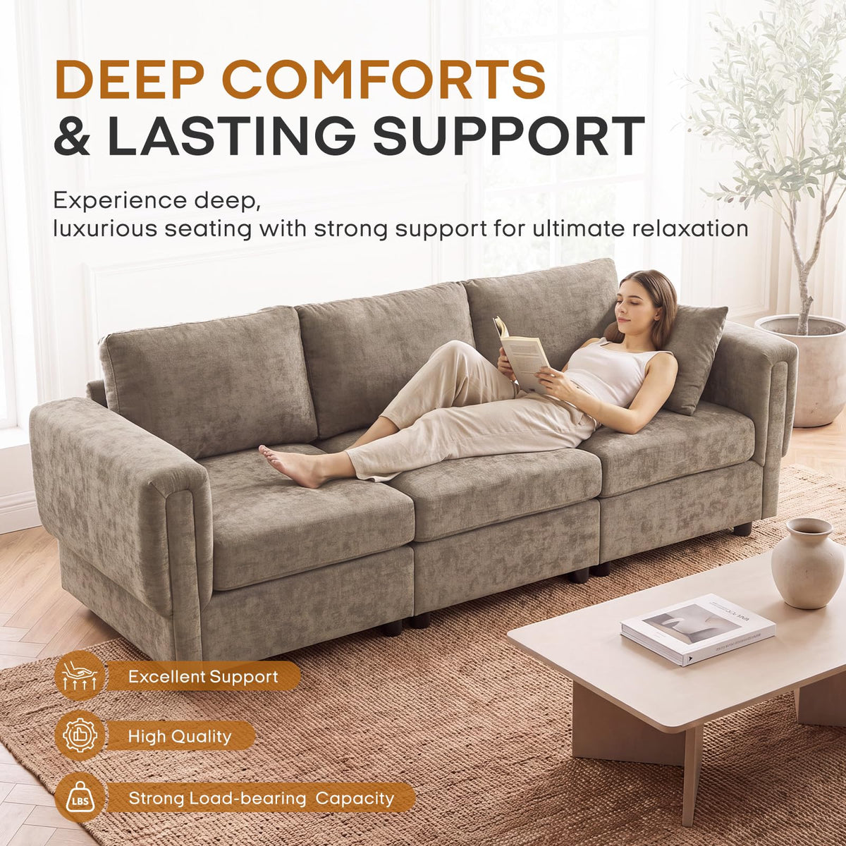 88" Modern Chenille 3-Seater Modular Sofa