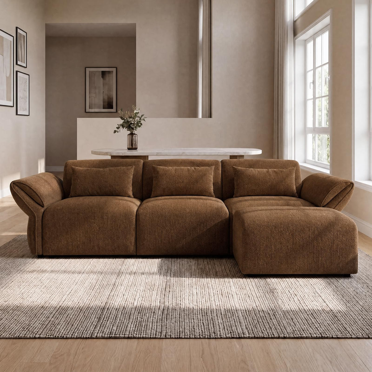Chenille Modular Sectional Sofa with Deep Seats and Ottoman