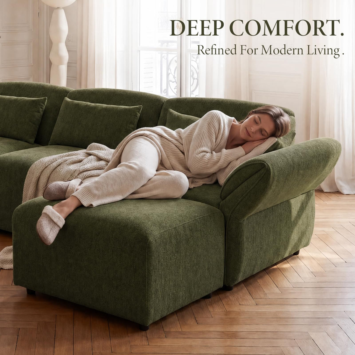Chenille Modular Sectional Sofa with Deep Seats and Ottoman
