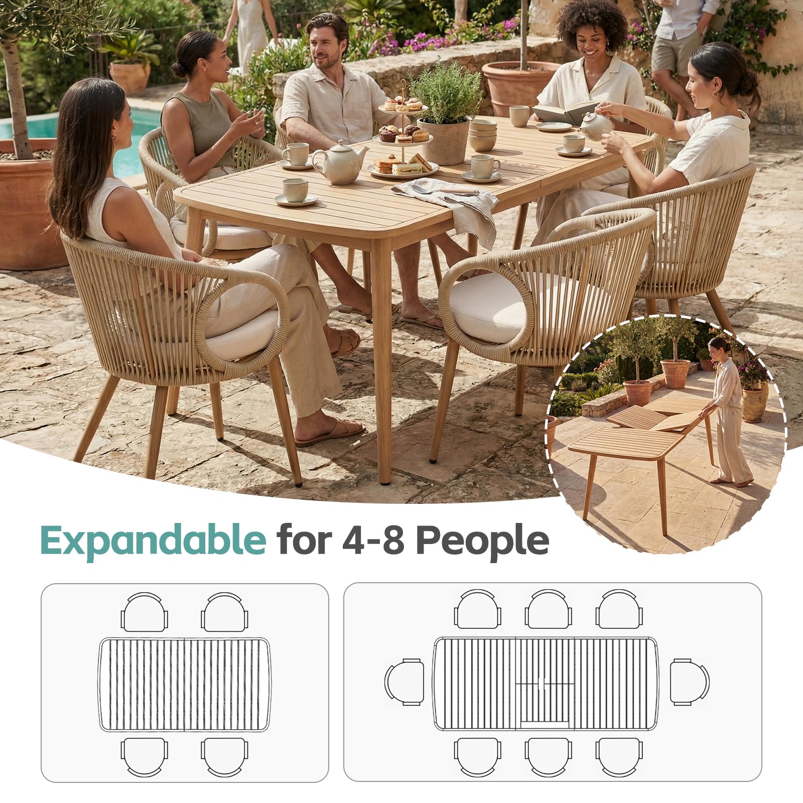 Extendable Solid Wood Farmhouse Outdoor Patio Dining Table for 6 to 8