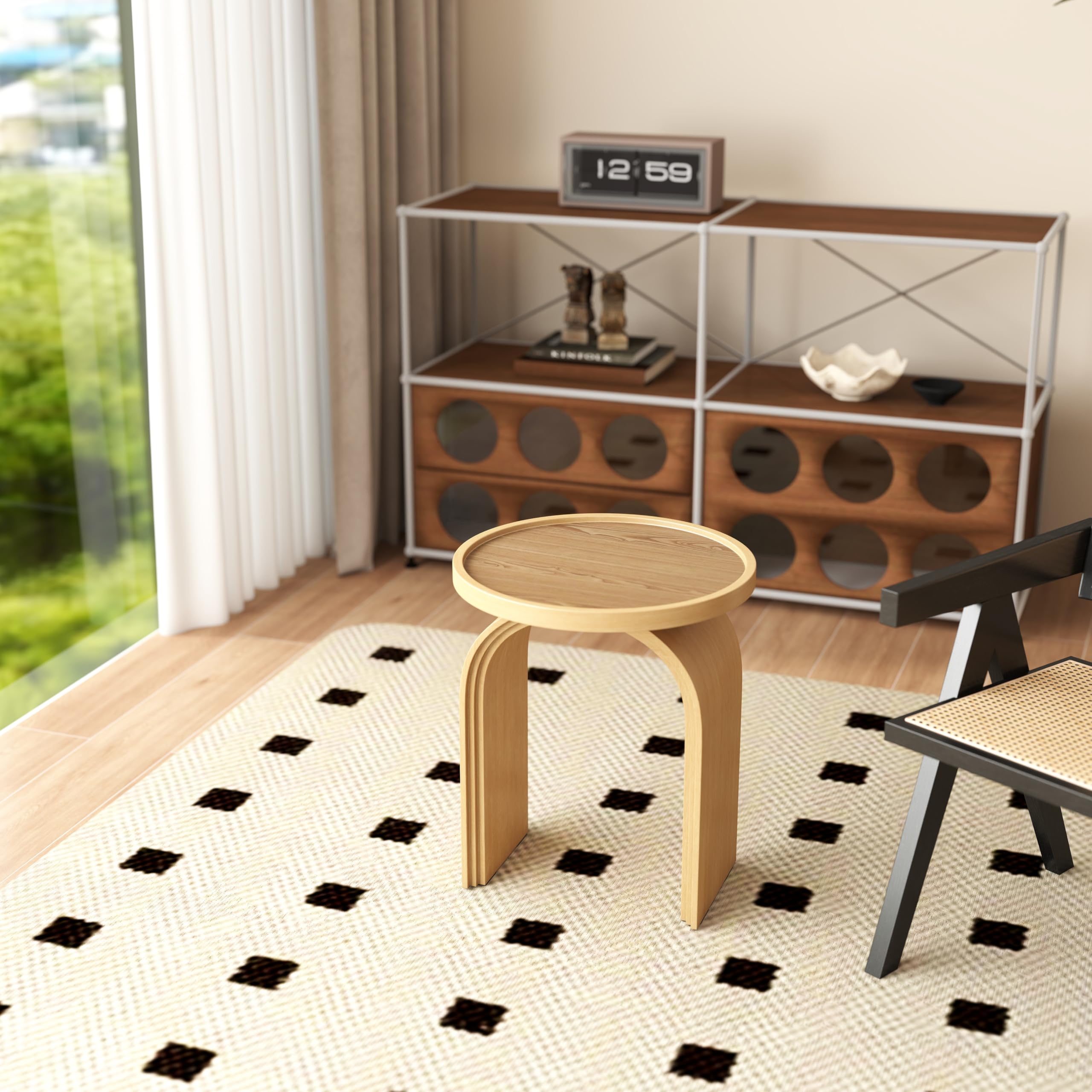 Round wooden side table in living room