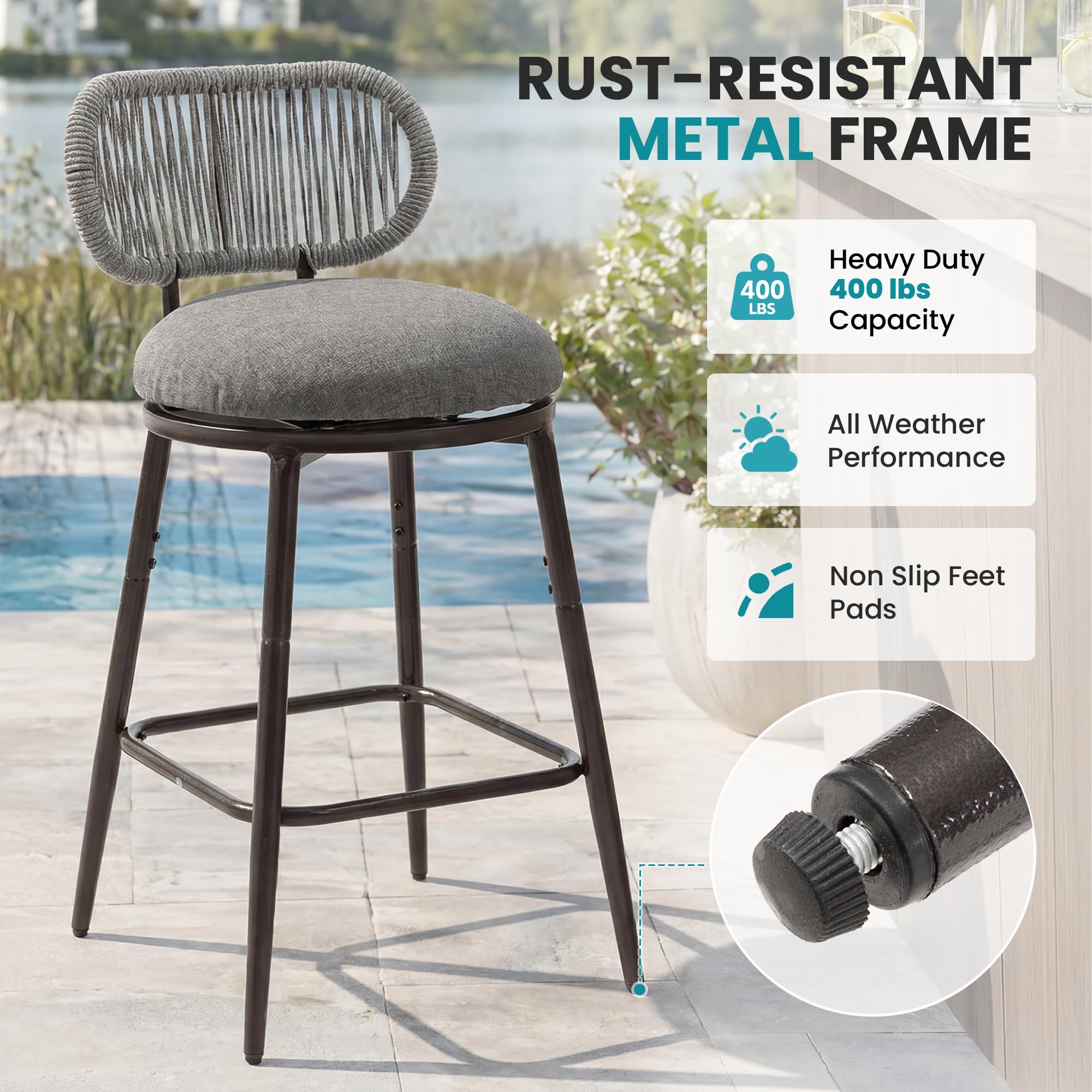 26.75" Swivel Outdoor Bar Stools with Hand-Woven Rope Back Set of 2