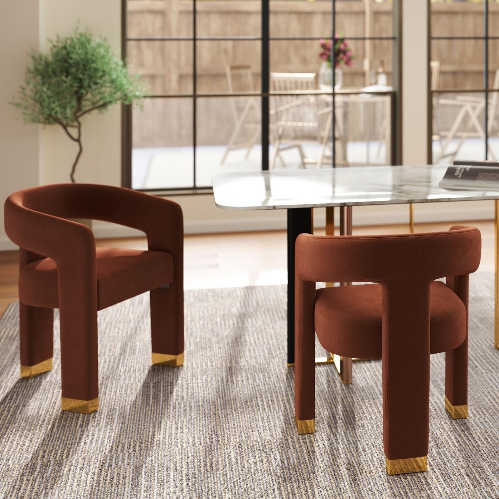 Two-tone white chairs around table