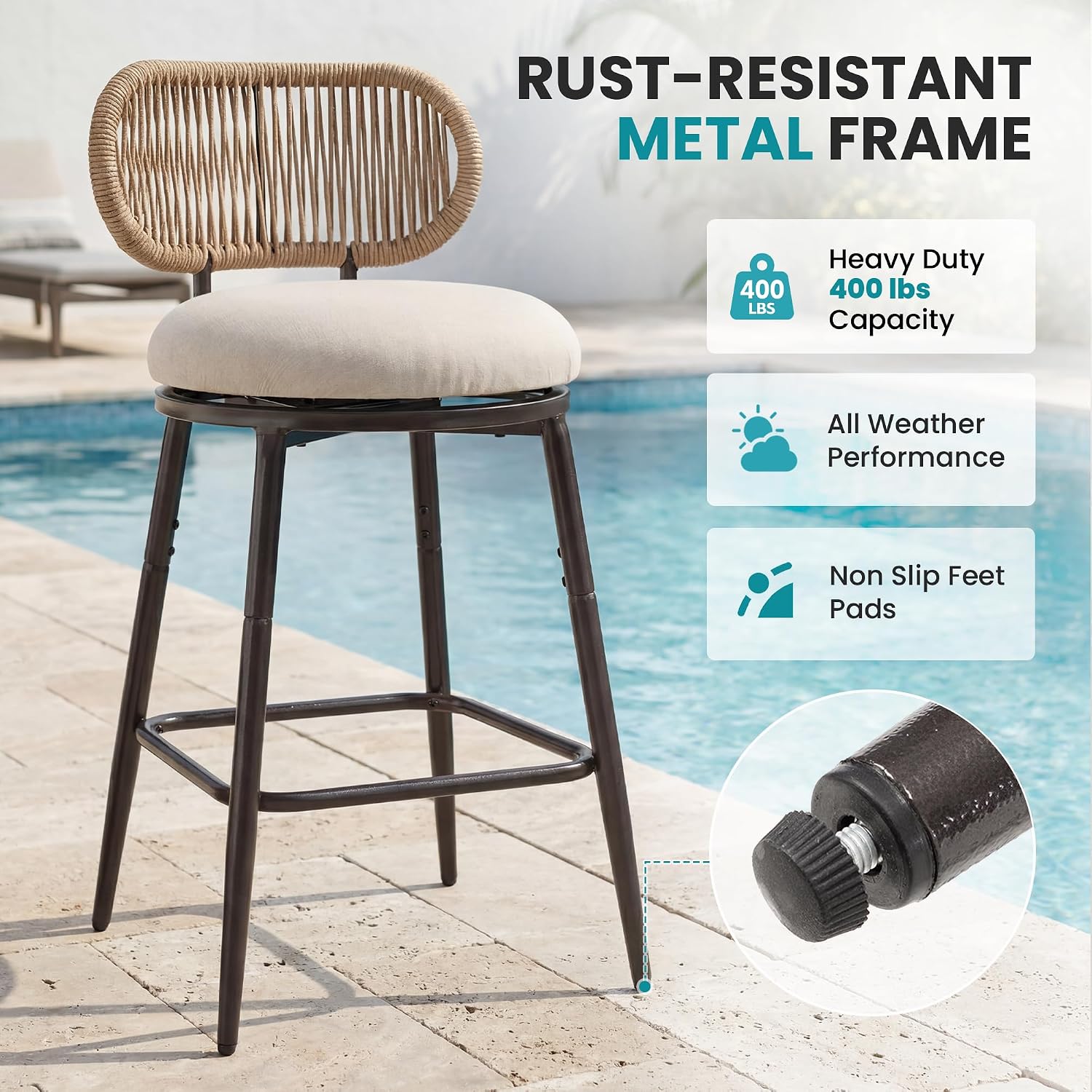 26.75" Swivel Outdoor Bar Stools with Hand-Woven Rope Back Set of 2