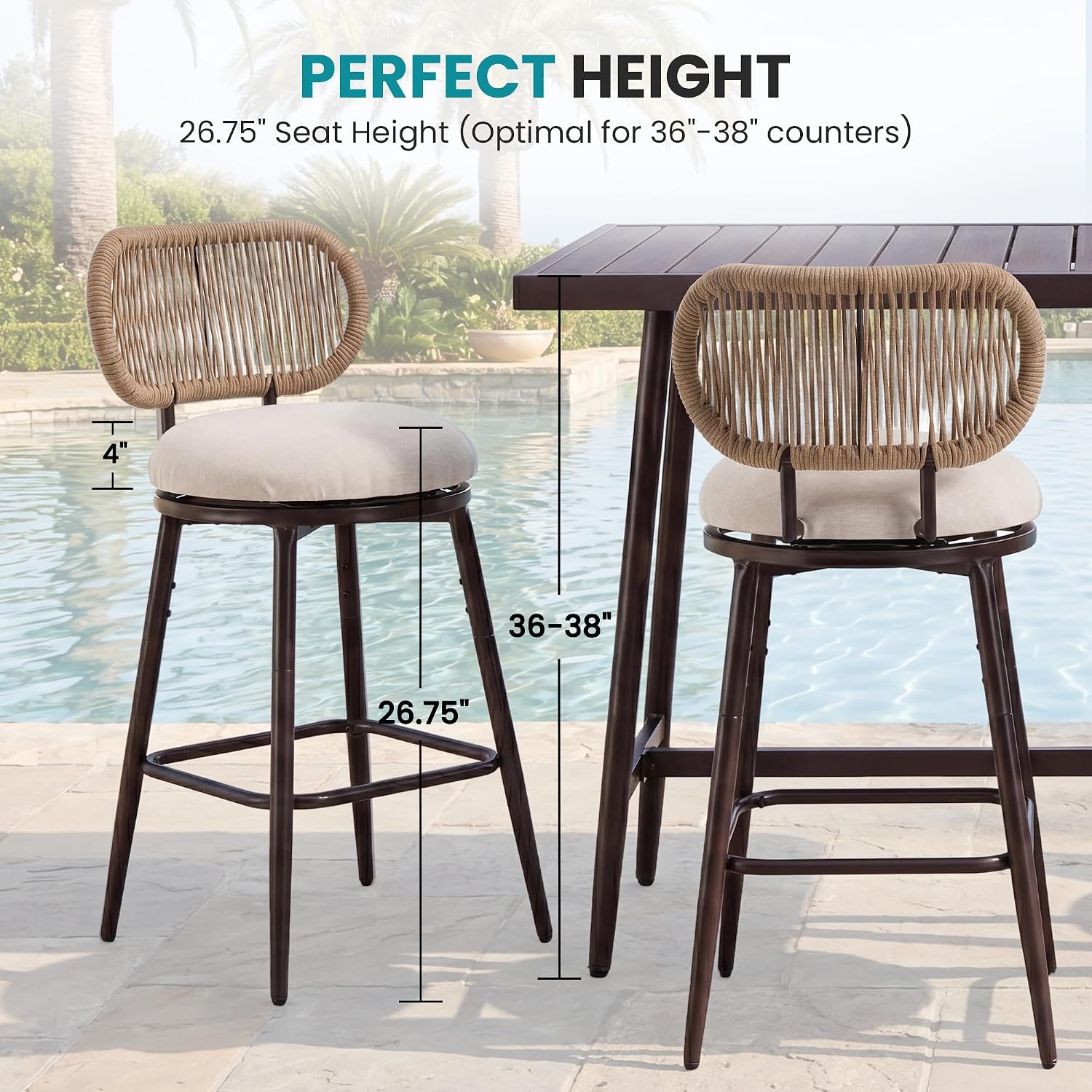 26.75" Swivel Outdoor Bar Stools with Hand-Woven Rope Back Set of 2