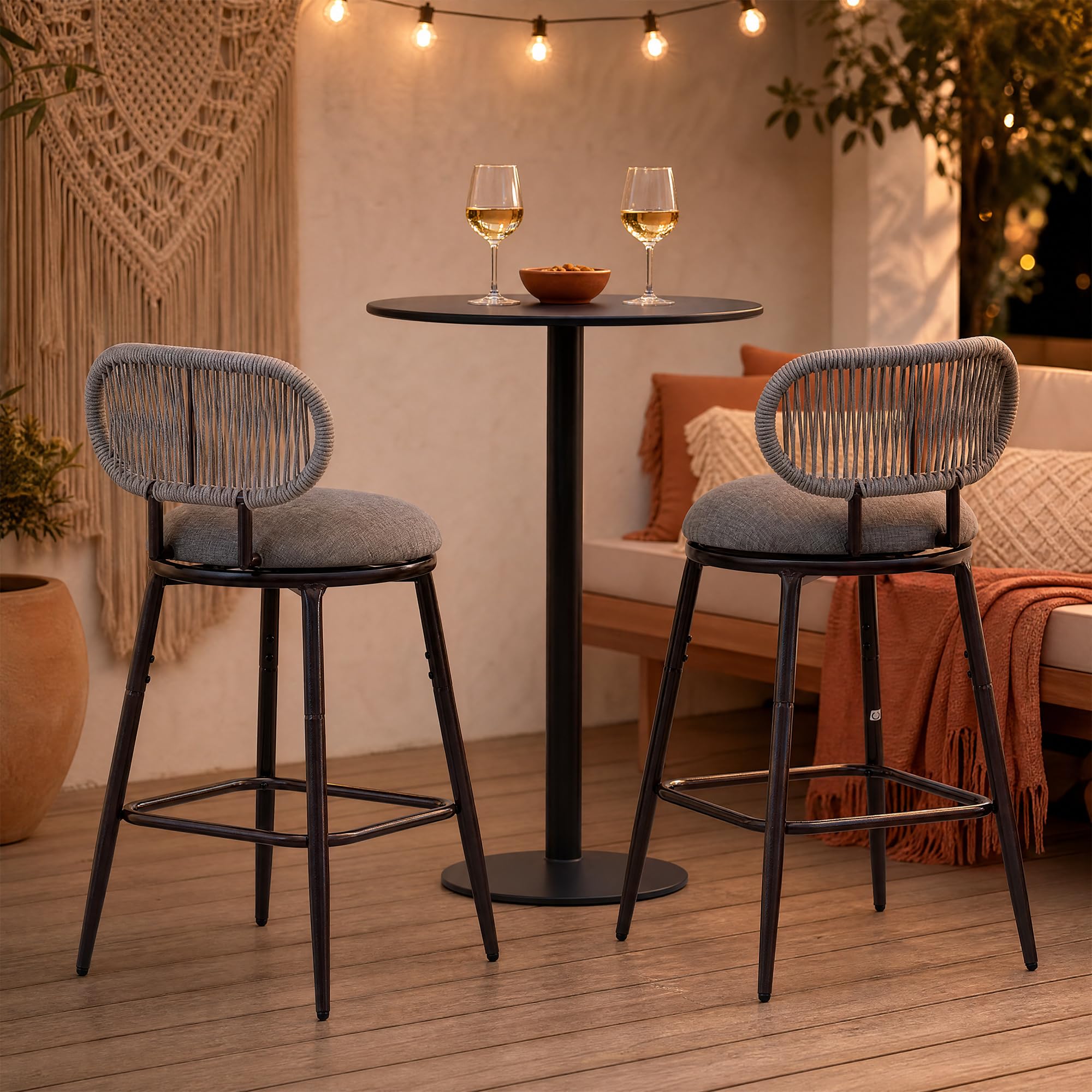 26.75" Swivel Outdoor Bar Stools with Hand-Woven Rope Back Set of 2