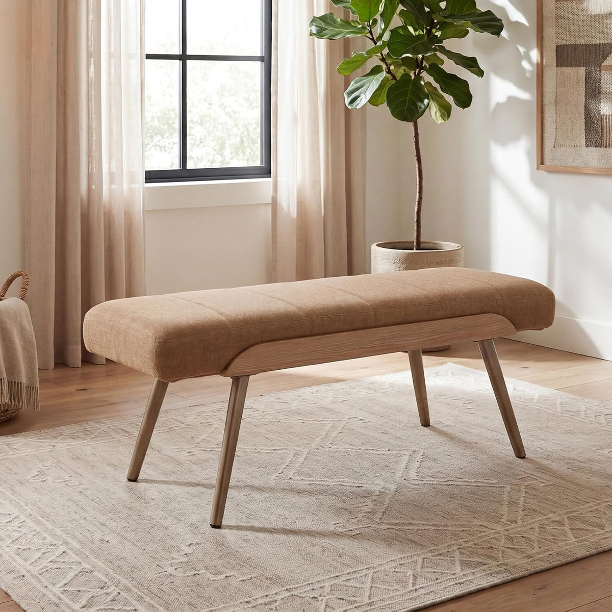 36" Mid-Century Modern Upholstered Ottoman Bench with Wood Trim