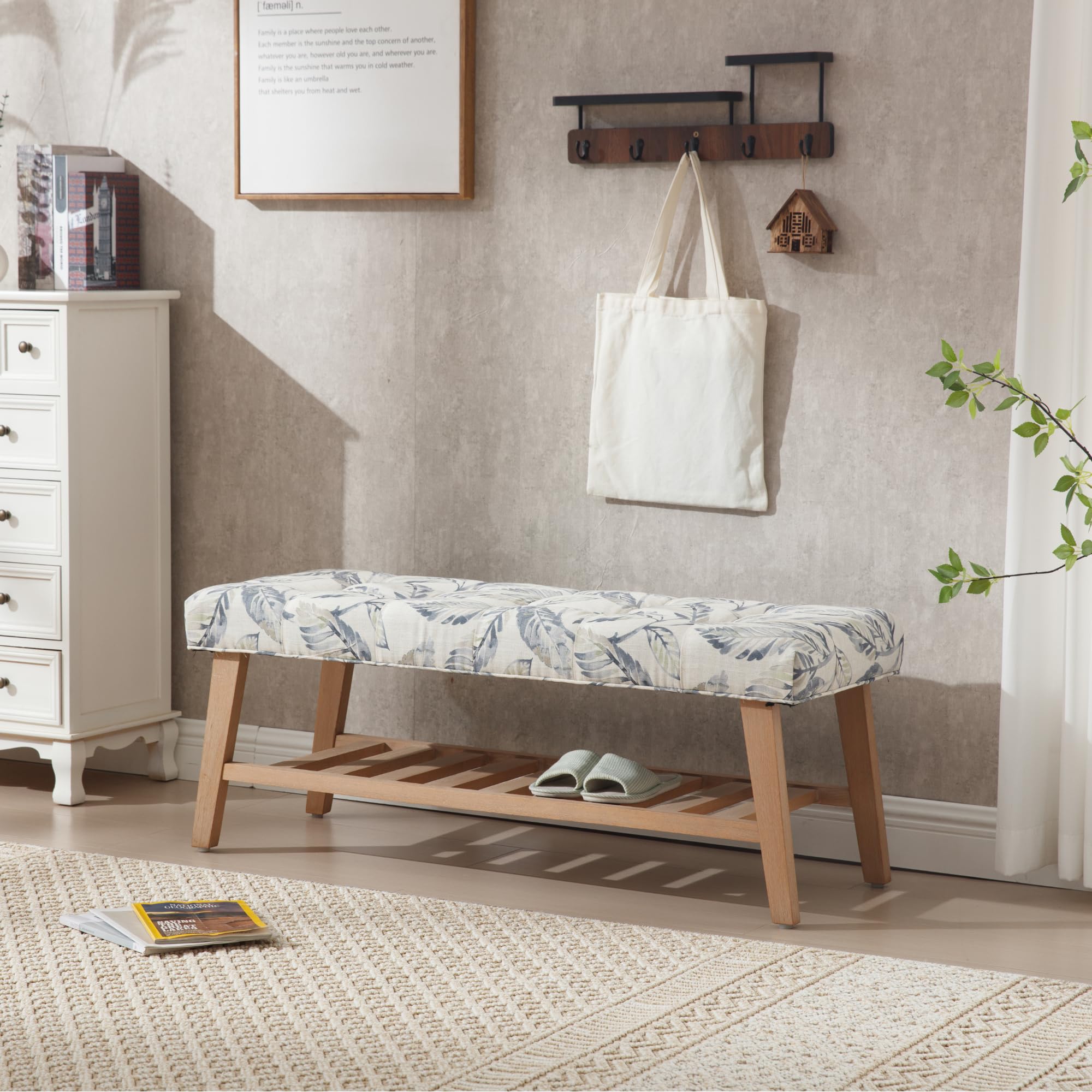 Bench with floral patterned cushion