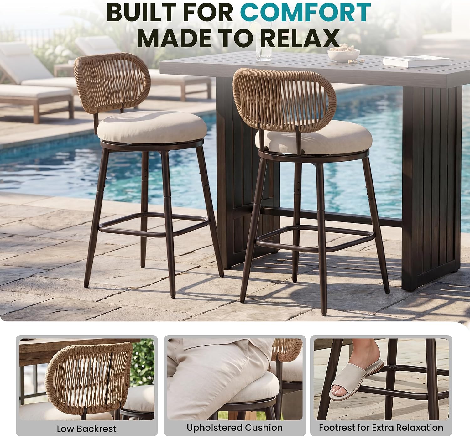 26.75" Swivel Outdoor Bar Stools with Hand-Woven Rope Back Set of 2