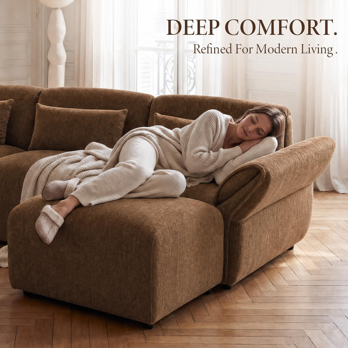 Chenille Modular Sectional Sofa with Deep Seats and Ottoman