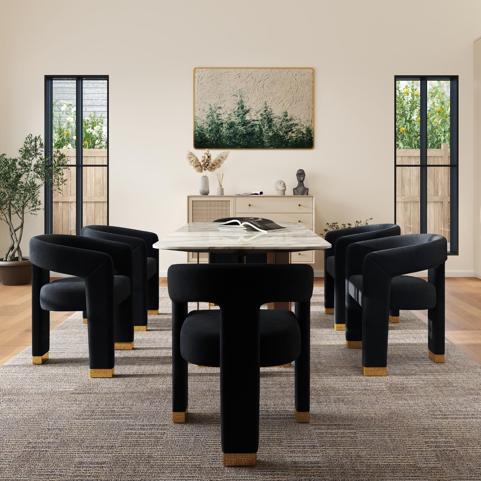 Full dining room setup with six chairs around table