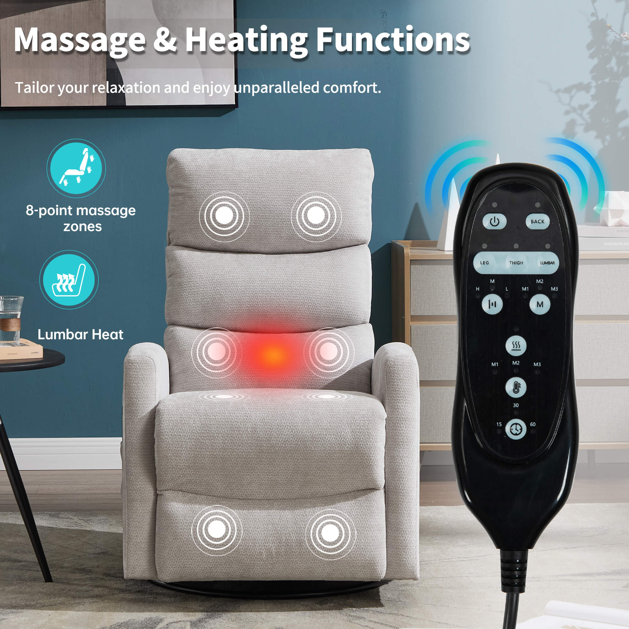 Modern Chenille Heat Massage Rocker Swivel Recliner Chair