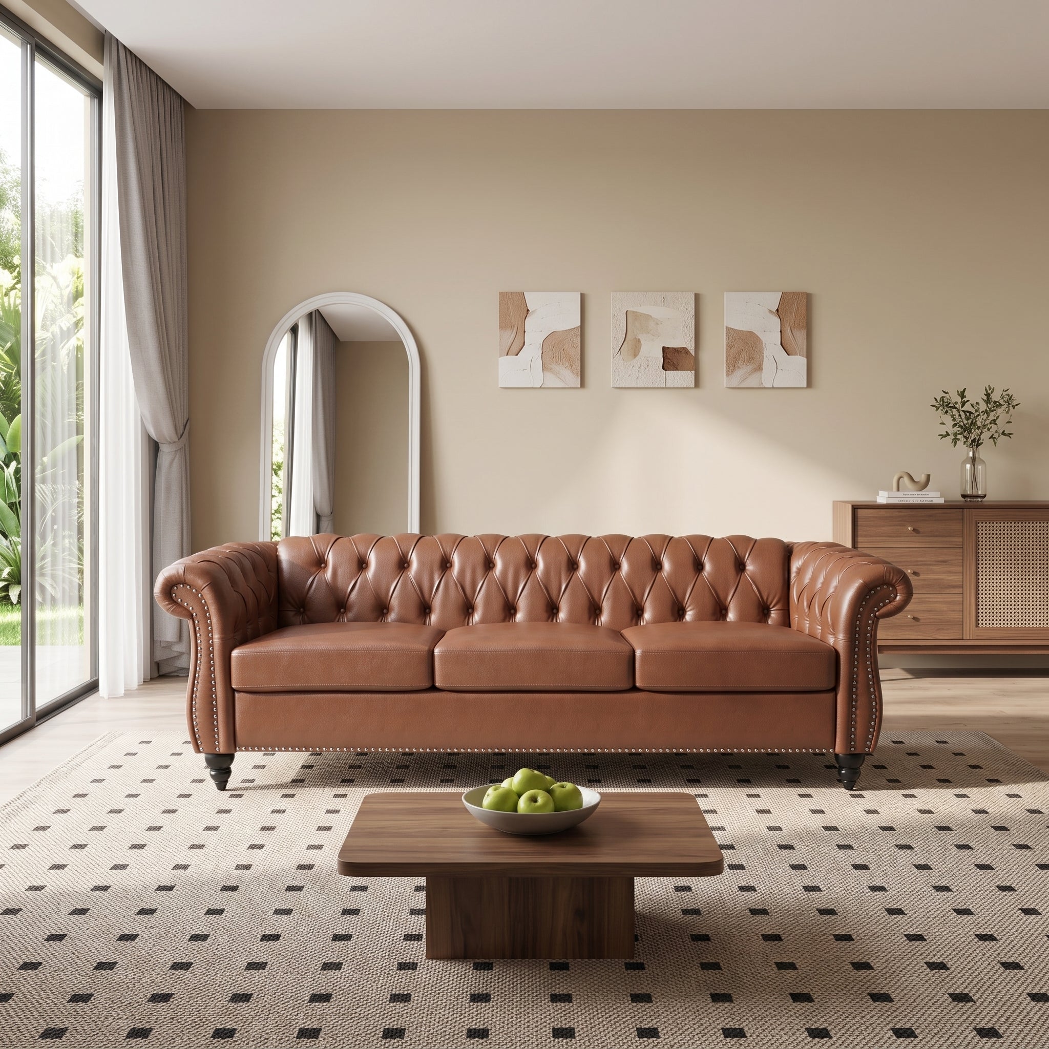 84" Brown PU Leather Chesterfield 3-Seater Sofa with Birch Legs