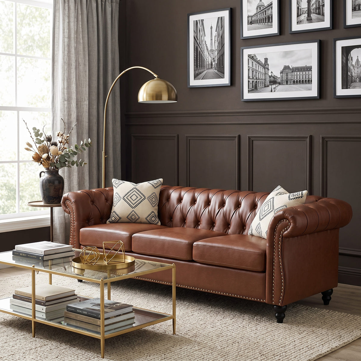 84" Brown PU Leather Chesterfield 3-Seater Sofa with Birch Legs