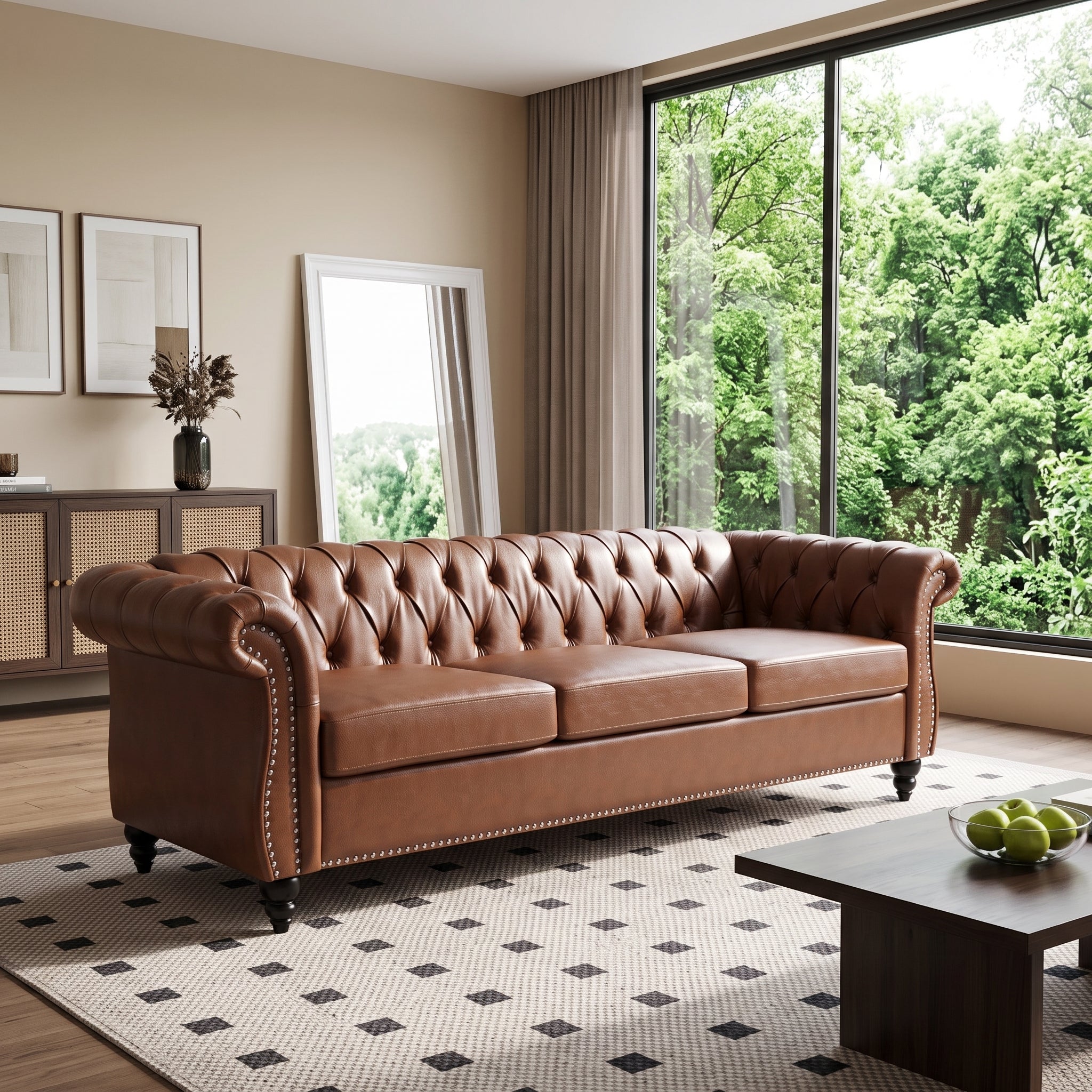 84" Brown PU Leather Chesterfield 3-Seater Sofa with Birch Legs