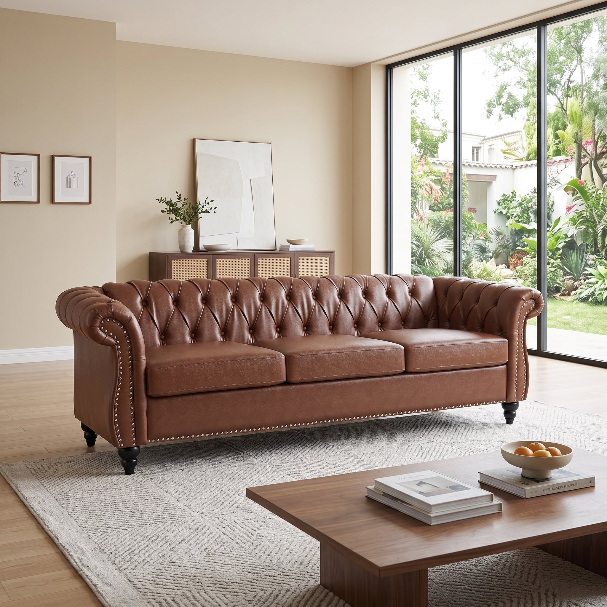 84" Brown PU Leather Chesterfield 3-Seater Sofa with Birch Legs