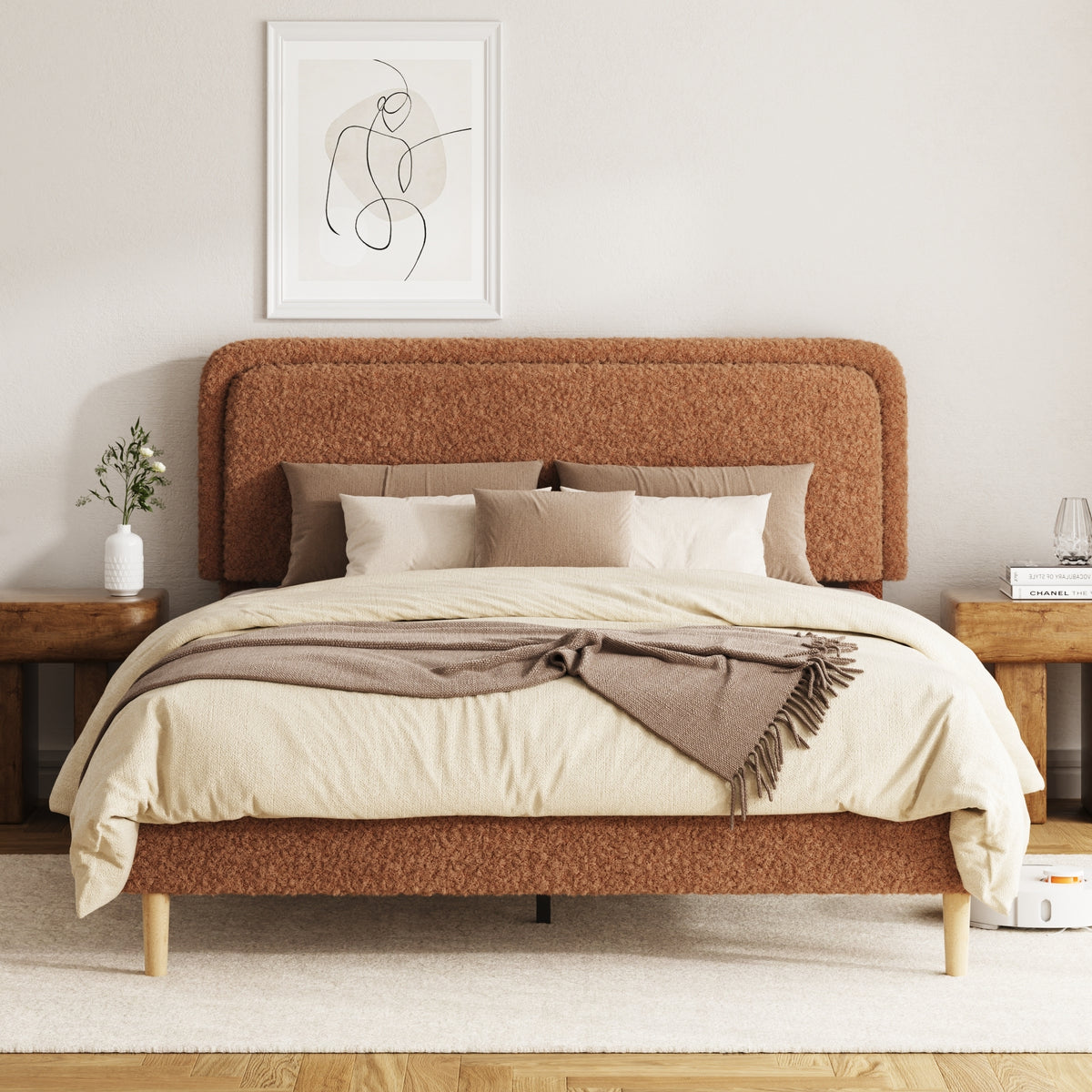 Plush Upholstered Platform Bed Frame with Adjustable Headboard