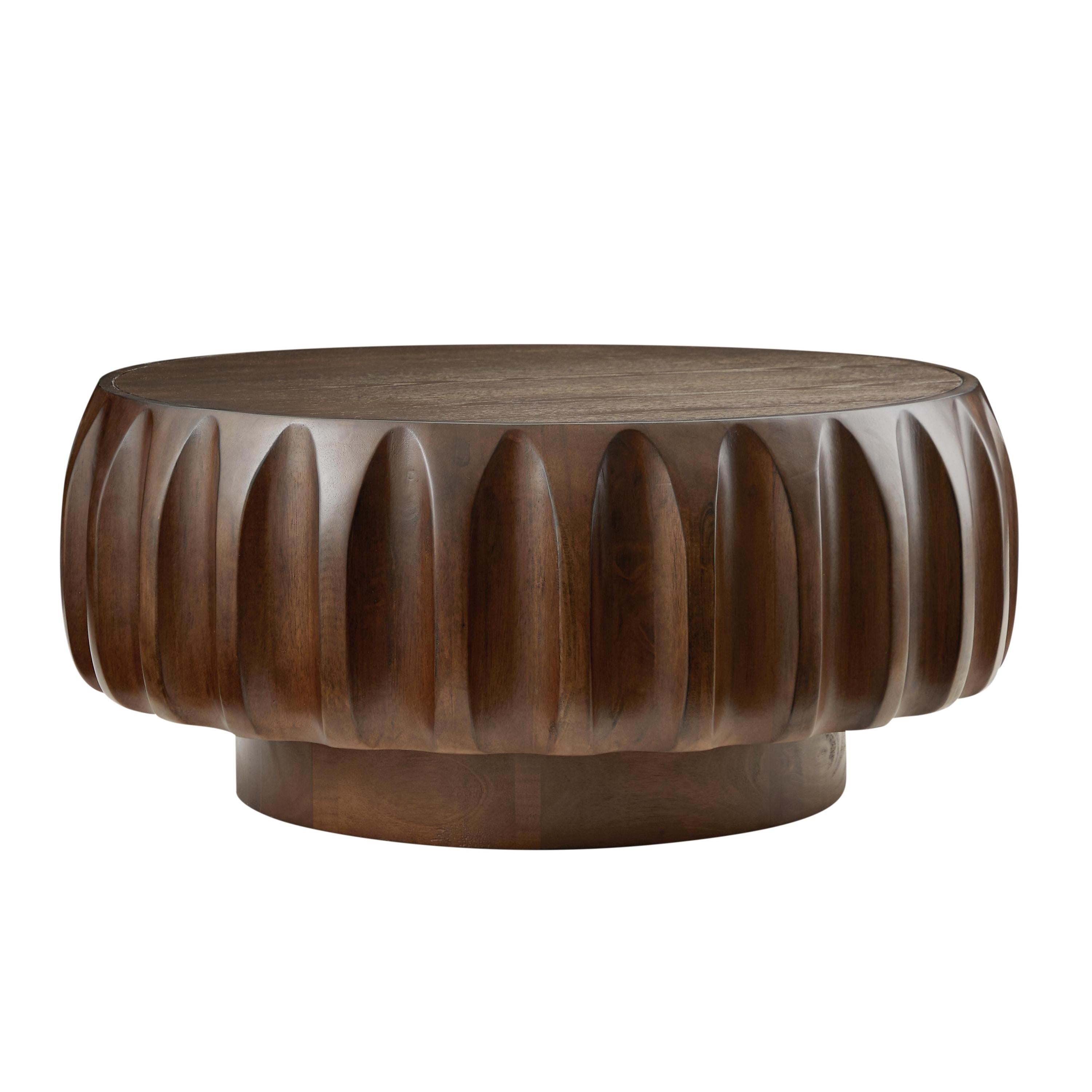 Round Carved Saman Wood Frame Coffee Table