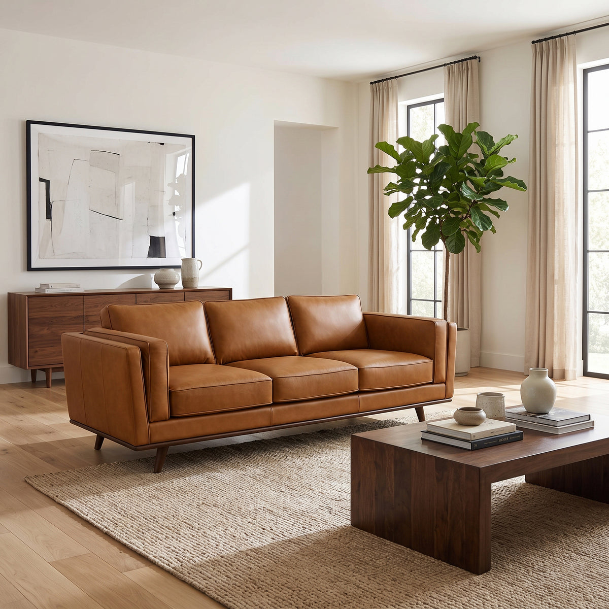 90" Brown Top Grain Genuine Leather Mid Century Modern 3-Seater Sofa