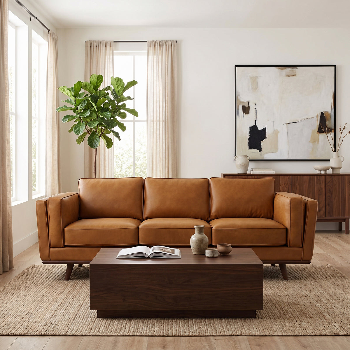 90" Brown Top Grain Genuine Leather Mid Century Modern 3-Seater Sofa