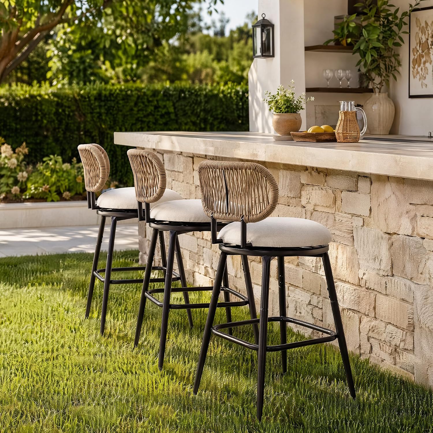 26.75" Swivel Outdoor Bar Stools with Hand-Woven Rope Back Set of 2
