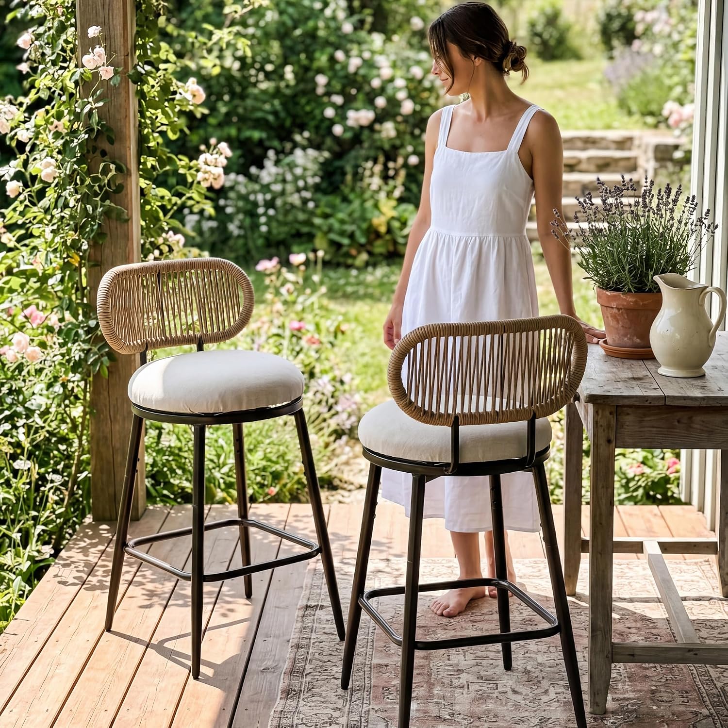 26.75" Swivel Outdoor Bar Stools with Hand-Woven Rope Back Set of 2