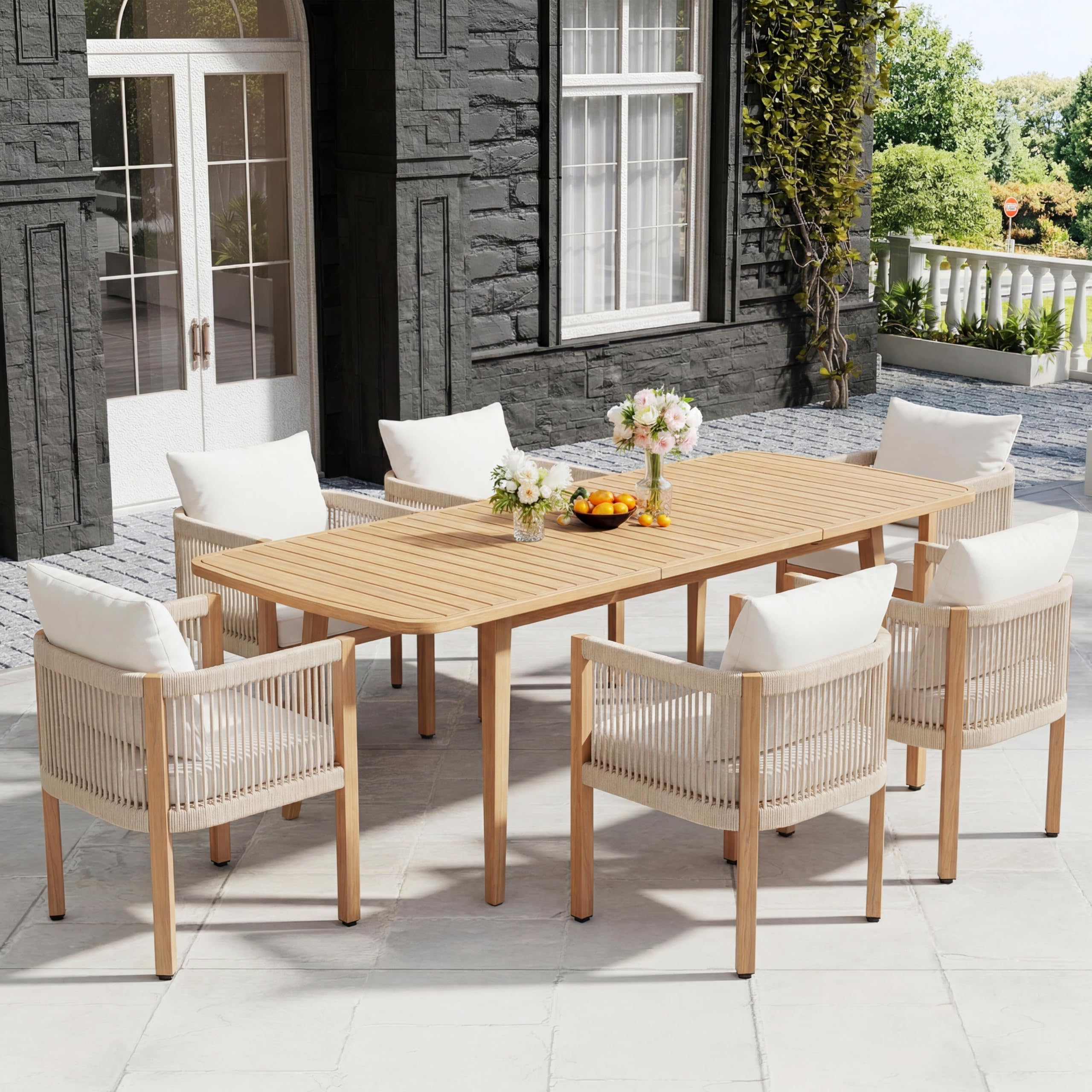 Extendable Solid Wood Farmhouse Outdoor Patio Dining Table for 6 to 8