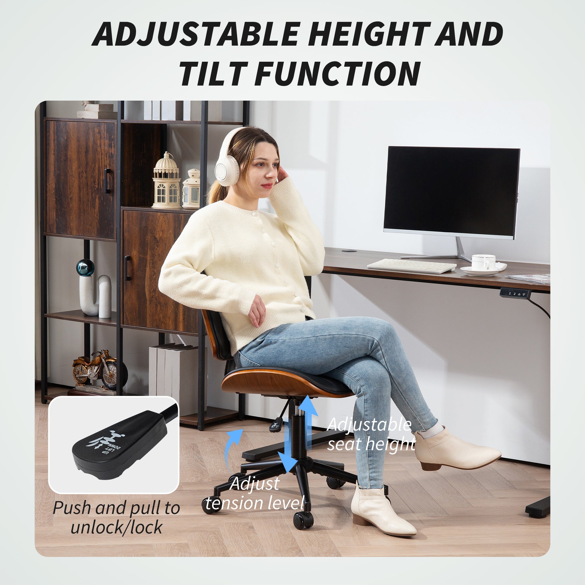 Armless Bentwood Desk Chair with PU Leather & Swivel Wheels