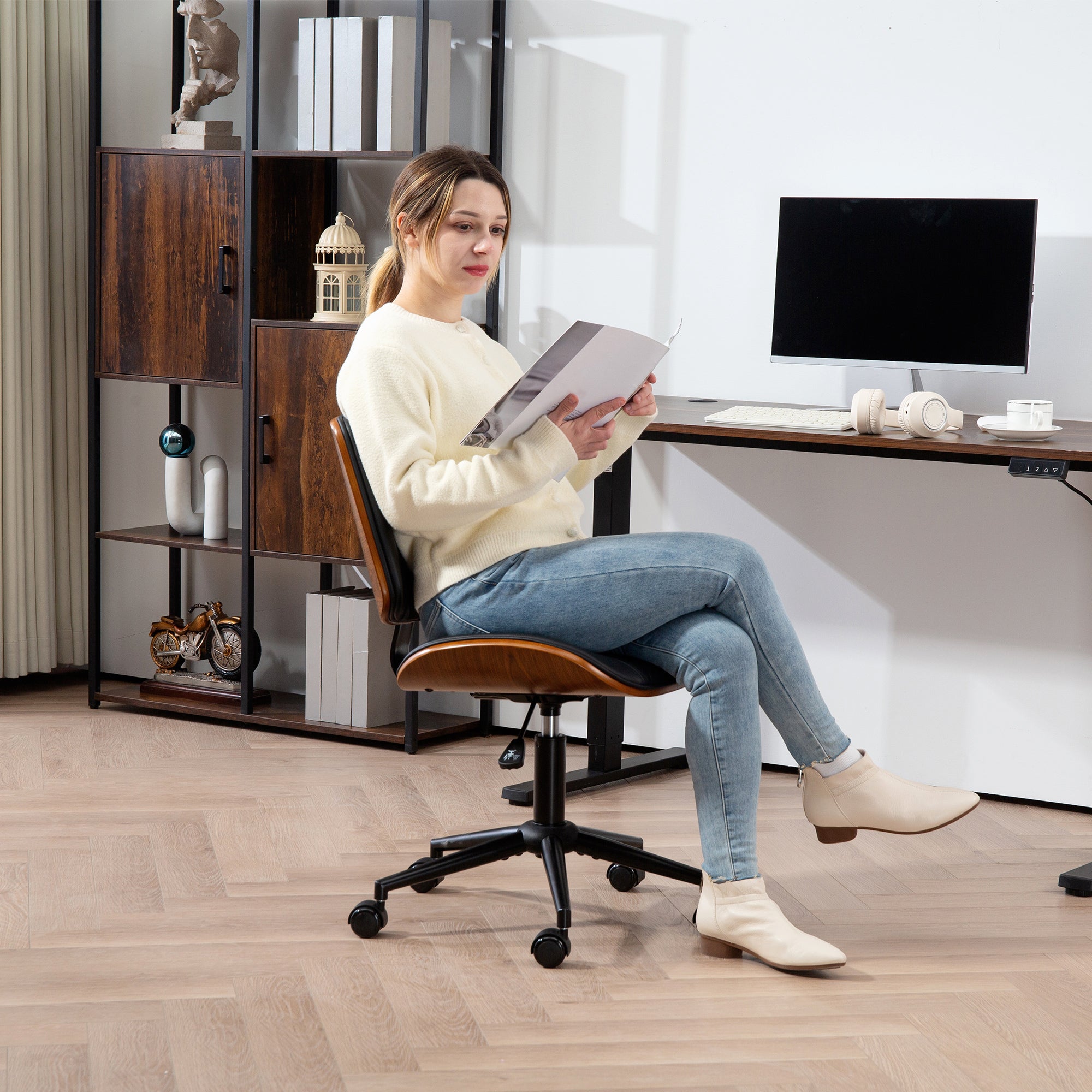 Armless Bentwood Desk Chair with PU Leather & Swivel Wheels