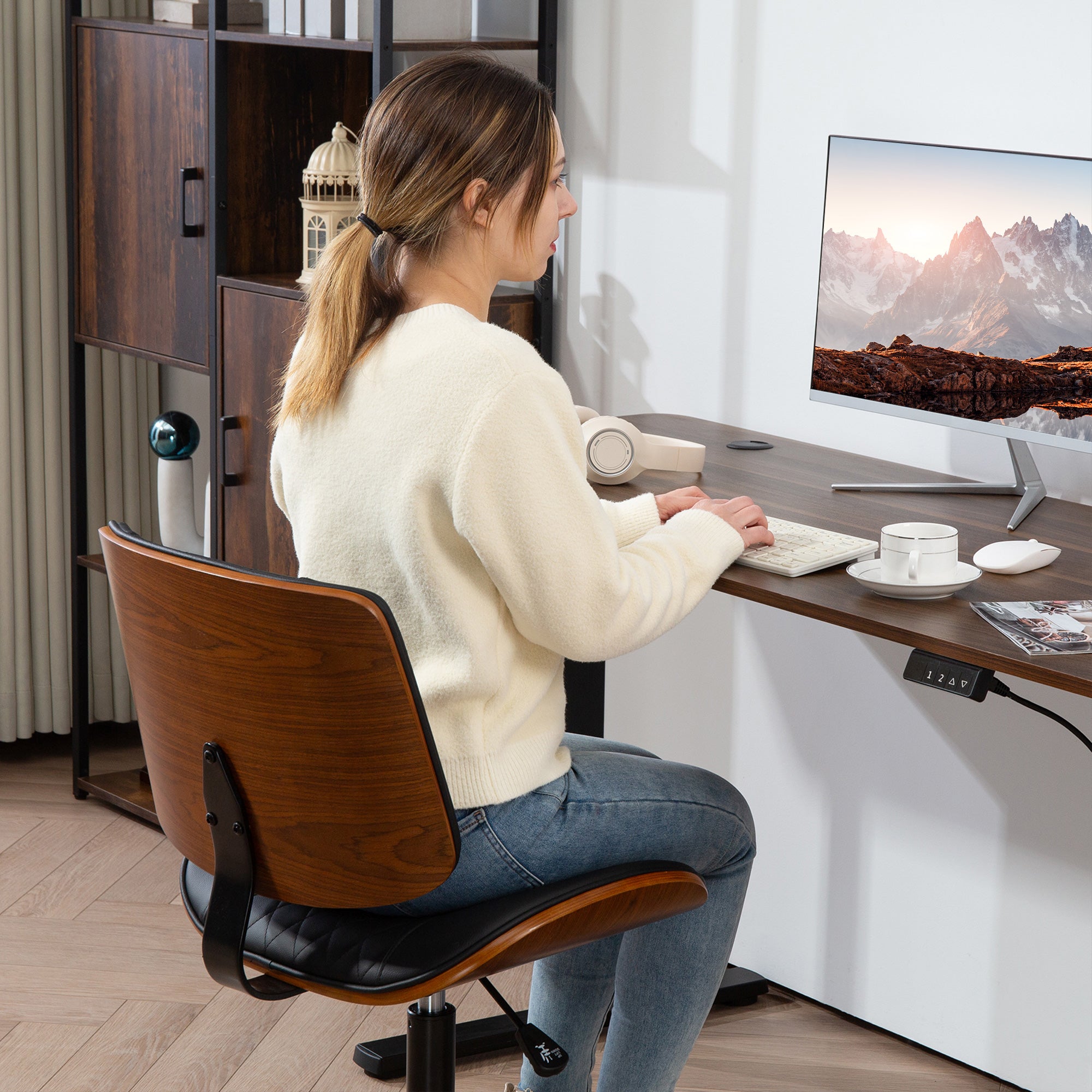 Armless Bentwood Desk Chair with PU Leather & Swivel Wheels