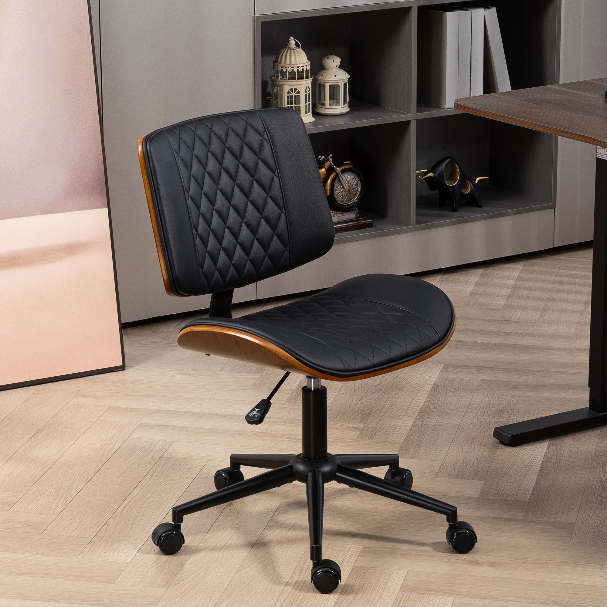 Armless Bentwood Desk Chair with PU Leather & Swivel Wheels