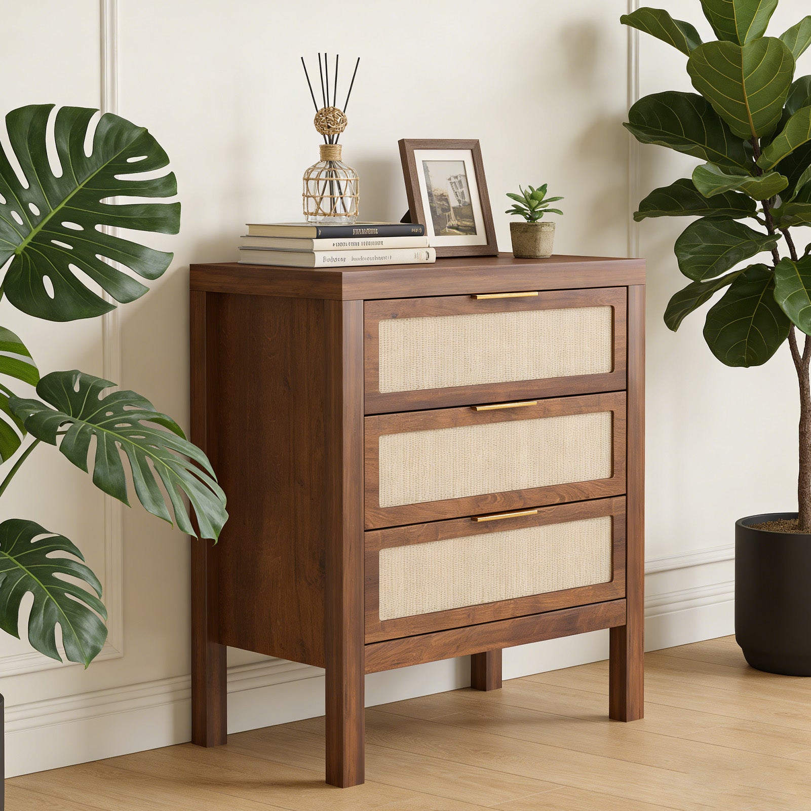 Modern Rattan Accent Nightstand 3 Drawer Wood Bedside Table End Chest