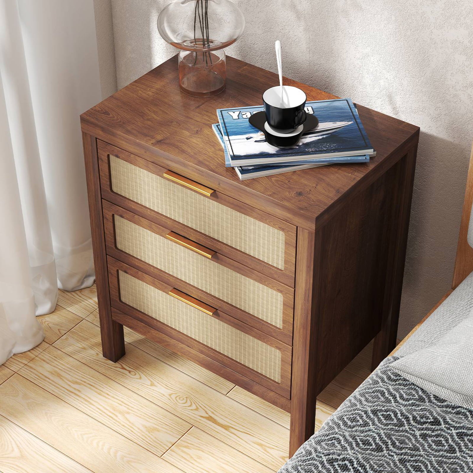 Modern Rattan Accent Nightstand 3 Drawer Wood Bedside Table End Chest