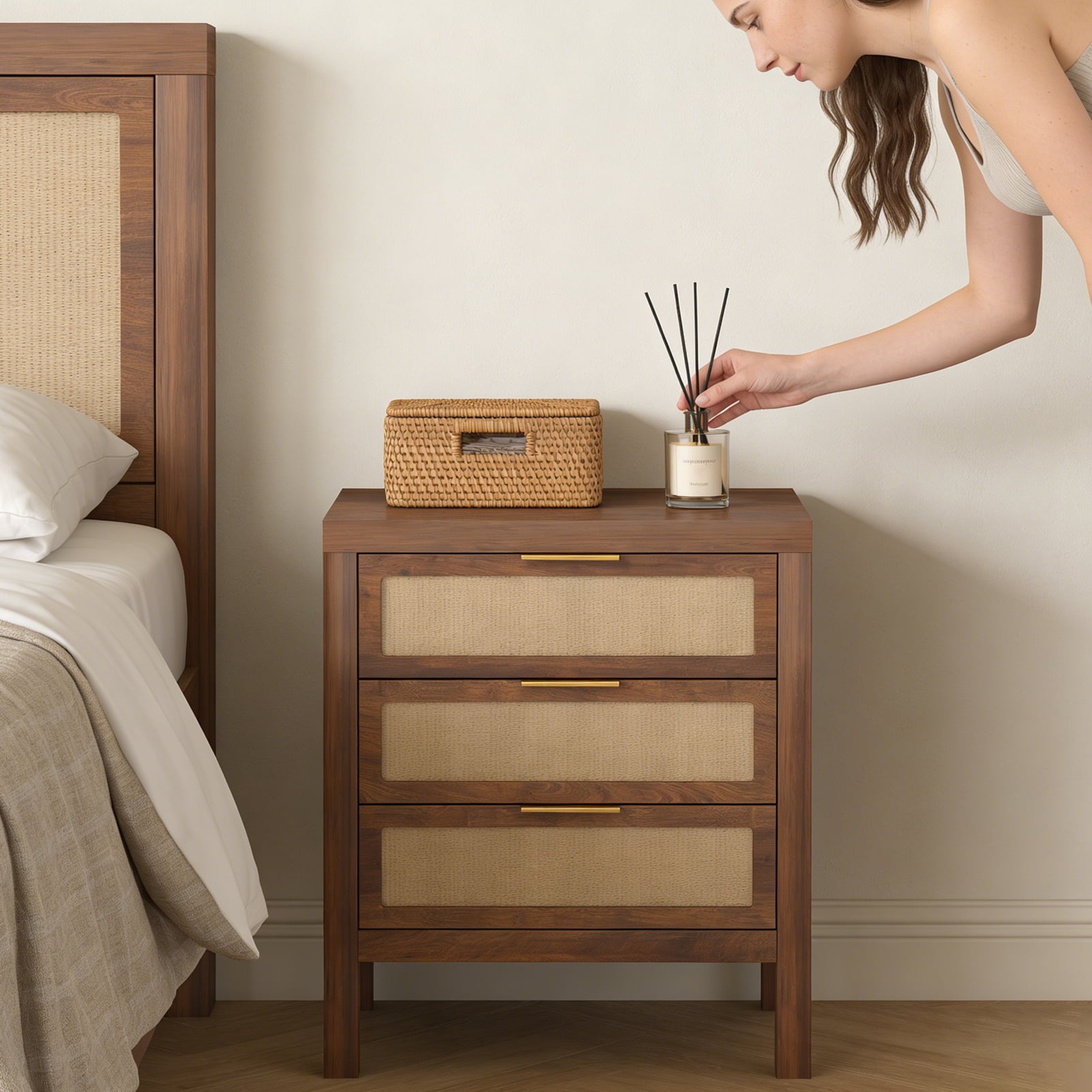 Modern Rattan Accent Nightstand 3 Drawer Wood Bedside Table End Chest